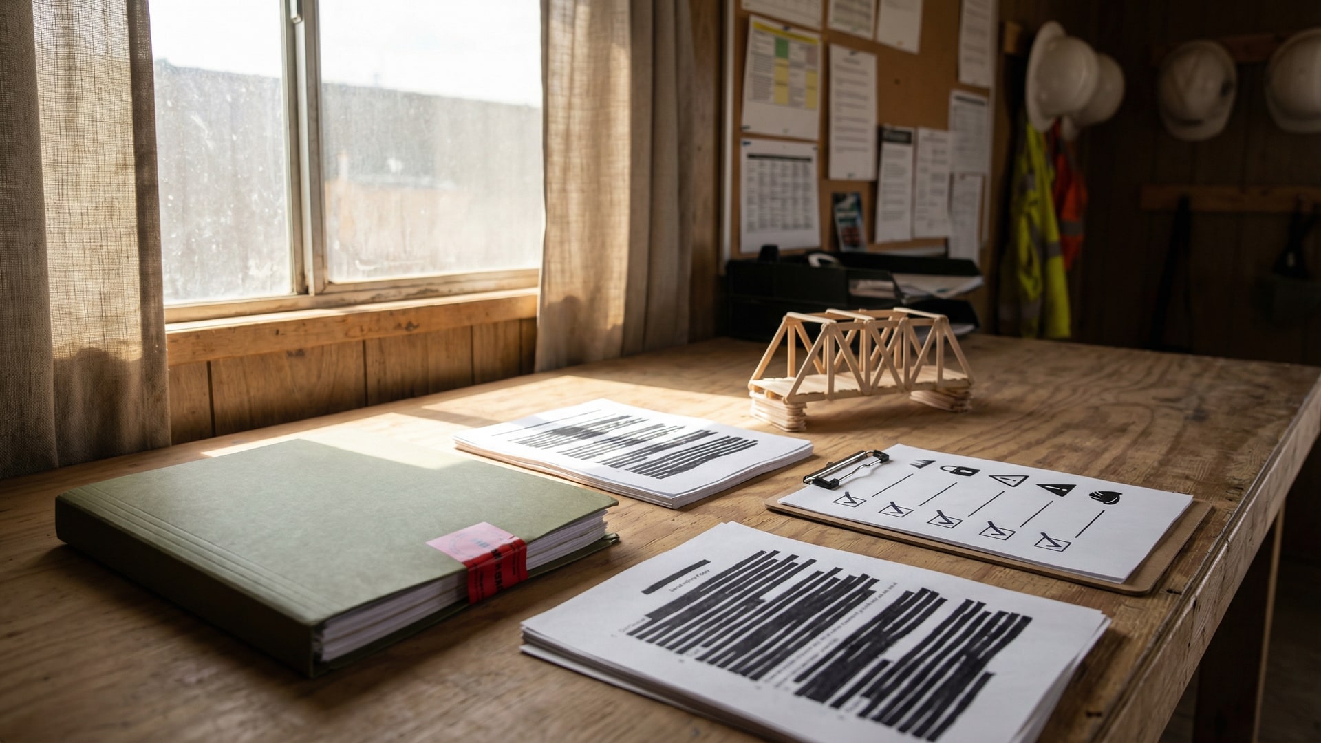 A secure review workspace with a locked folder, redacted documents (no readable text), and a simple risk checklist with icons only