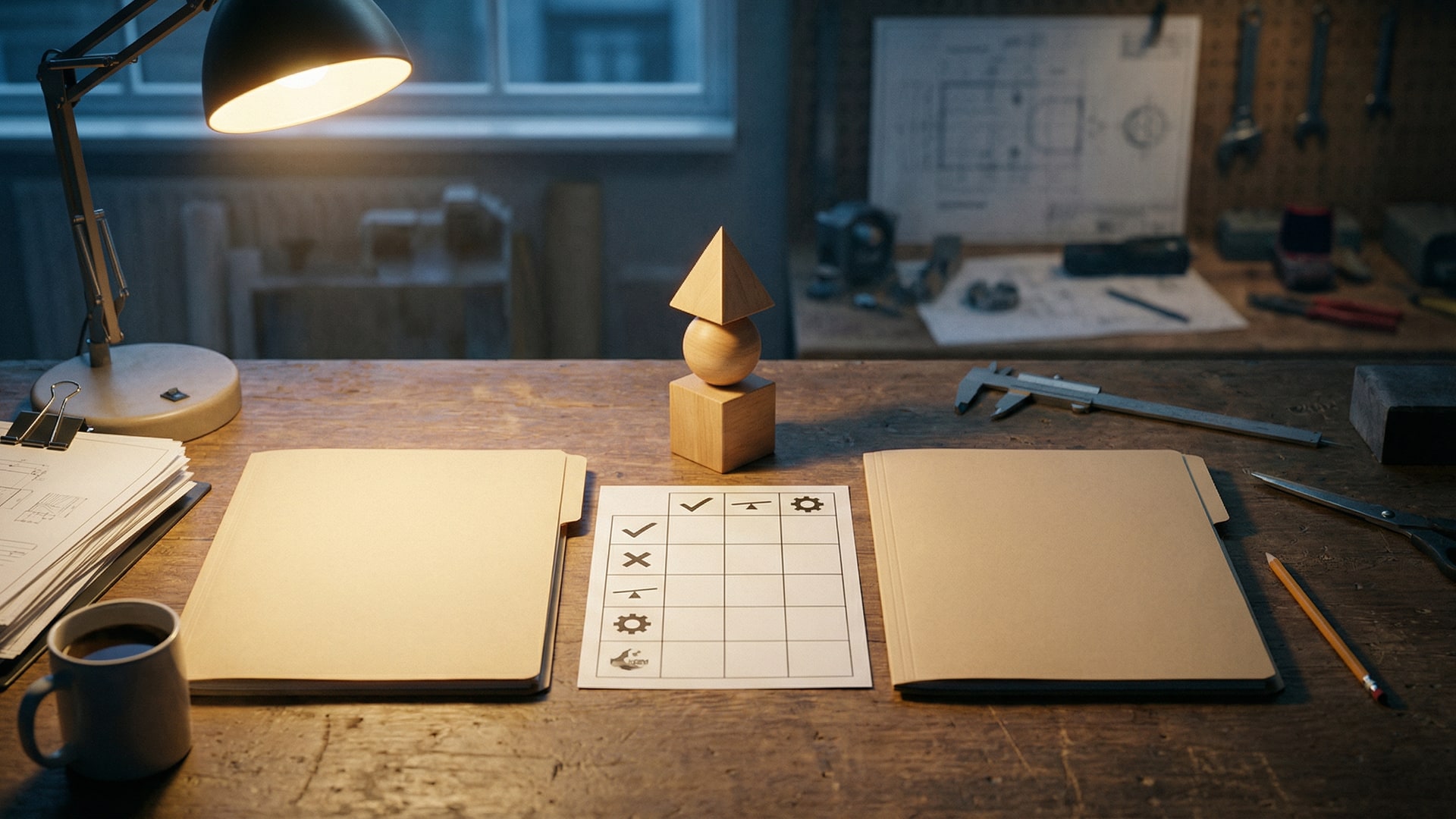 A neutral comparison setup: two unlabeled folders side-by-side, a blank scorecard with icons only, and one strong metaphor object in the center
