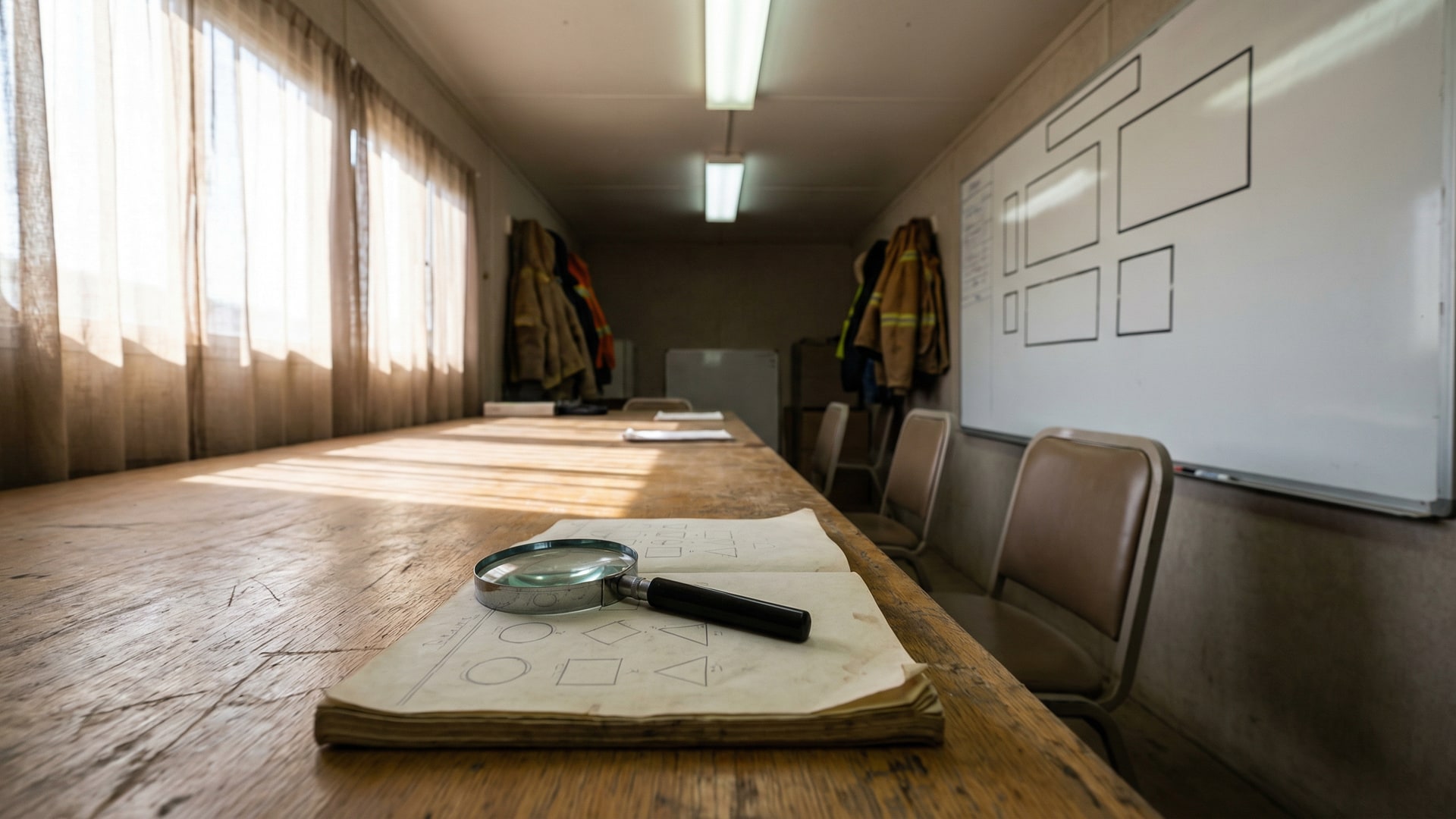 Human process: a meeting table with a few chairs, a whiteboard with blank boxes, and a single notebook open to a page with simple shapes (no words)