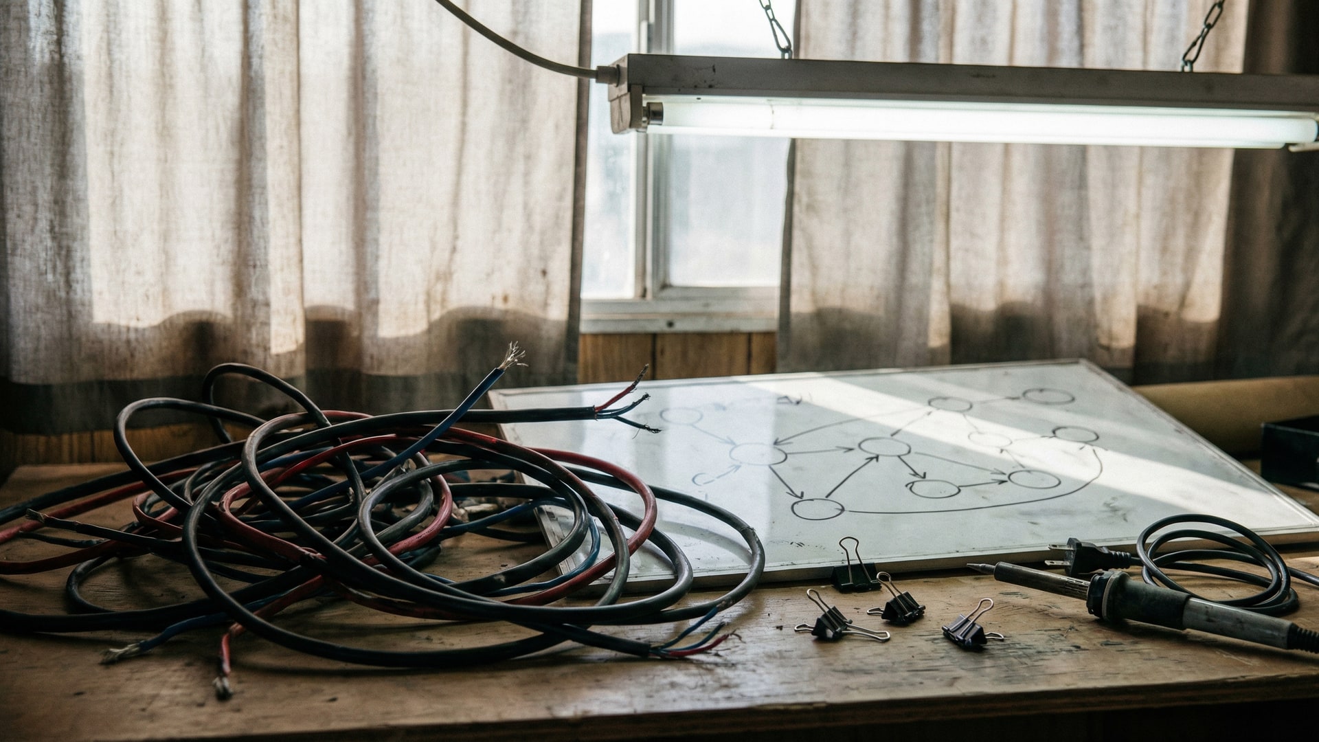 Architecture thinking: a whiteboard or wall with a diagram of nodes and arrows (no labels), plus a small tangle of cables as a metaphor