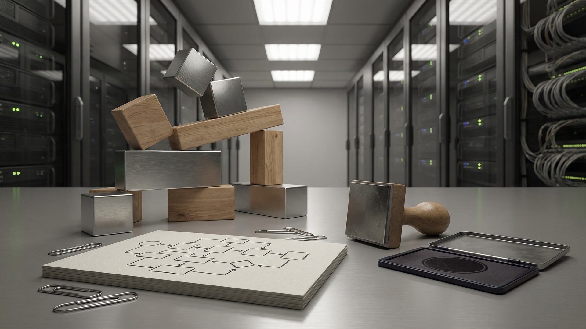 A physical metaphor for “Code Quality Metrics That Actually Matter in 2026”: a set of simple geometric blocks arranged to show tradeoffs, with a diagram card (boxes/arrows only)