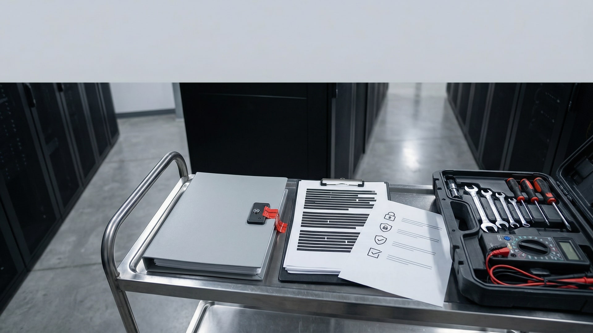 A secure review workspace with a locked folder, redacted documents (no readable text), and a simple risk checklist with icons only