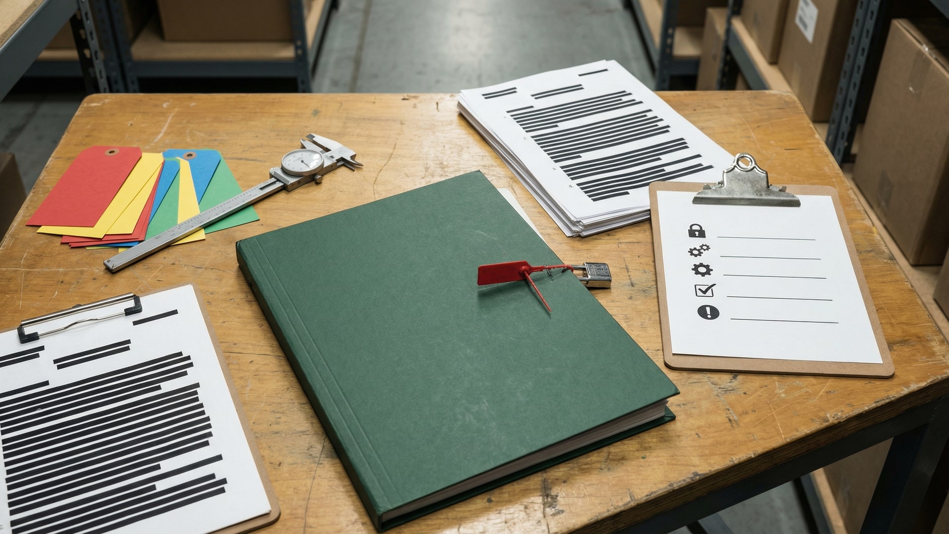 A secure review workspace with a locked folder, redacted documents (no readable text), and a simple risk checklist with icons only