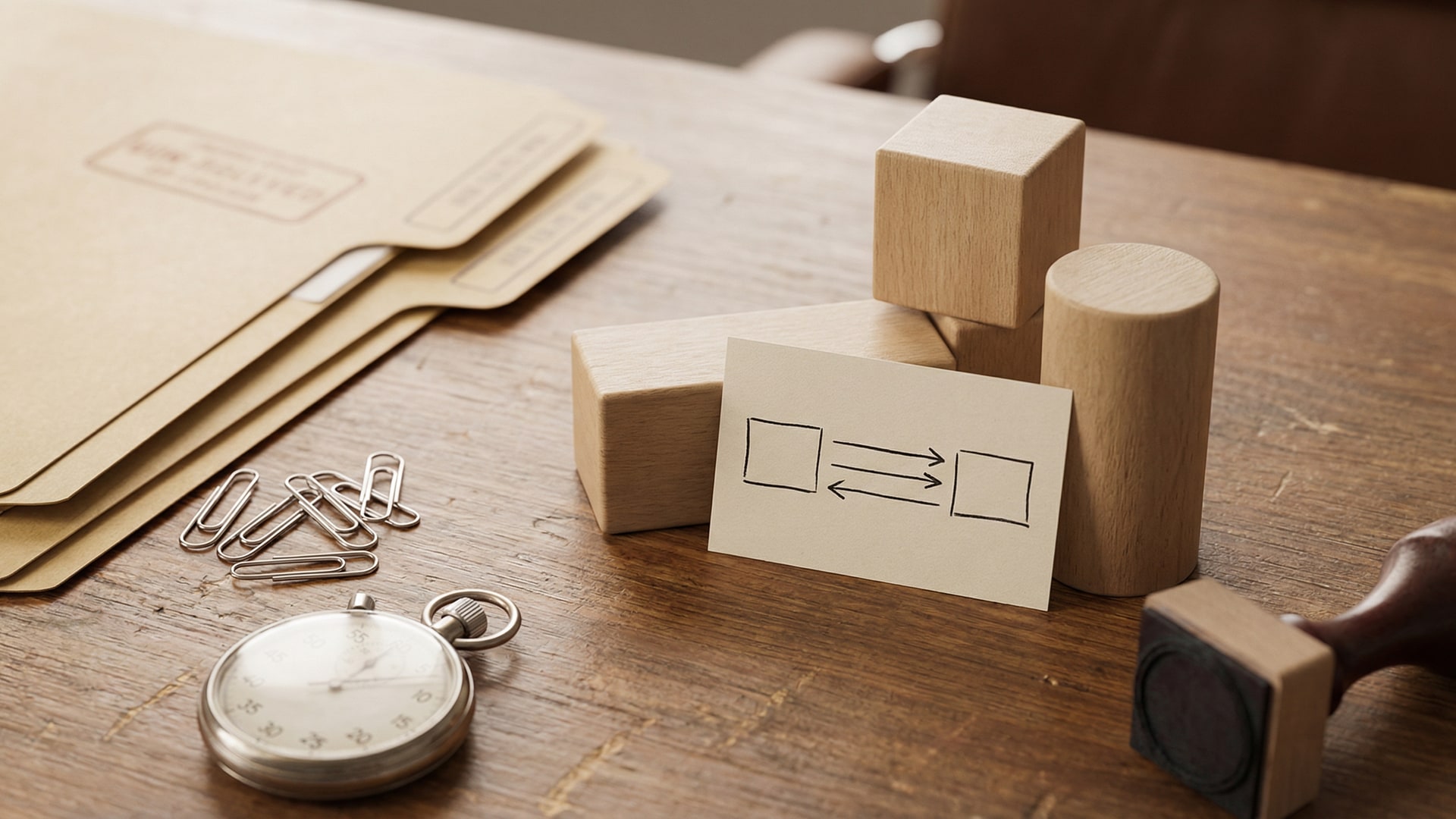 A physical metaphor for “Code Review When You're the Only Developer”: a set of simple geometric blocks arranged to show tradeoffs, with a diagram card (boxes/arrows only)