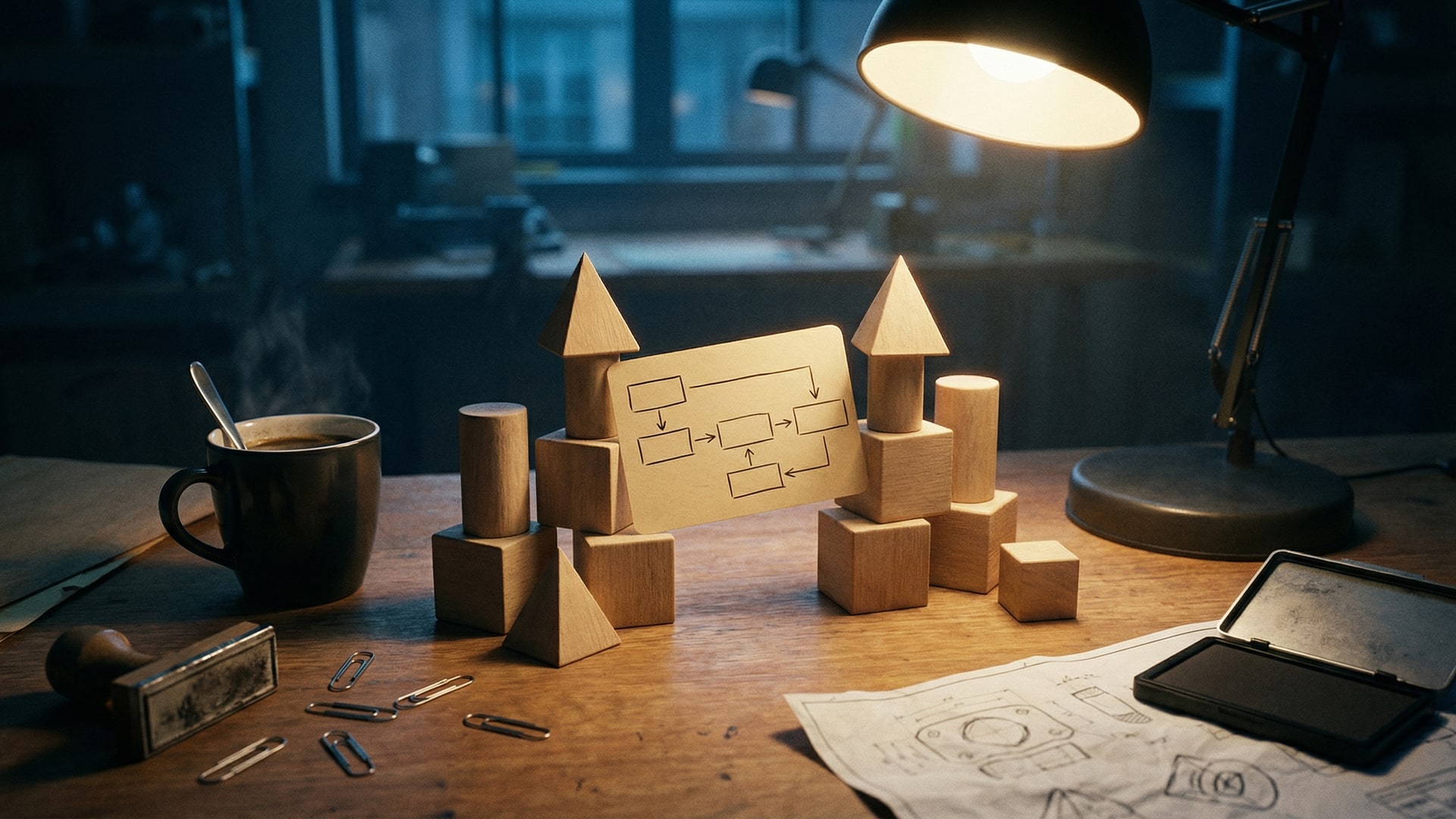 A physical metaphor for “Code Review in the Age of AI-Generated Code”: a set of simple geometric blocks arranged to show tradeoffs, with a diagram card (boxes/arrows only)