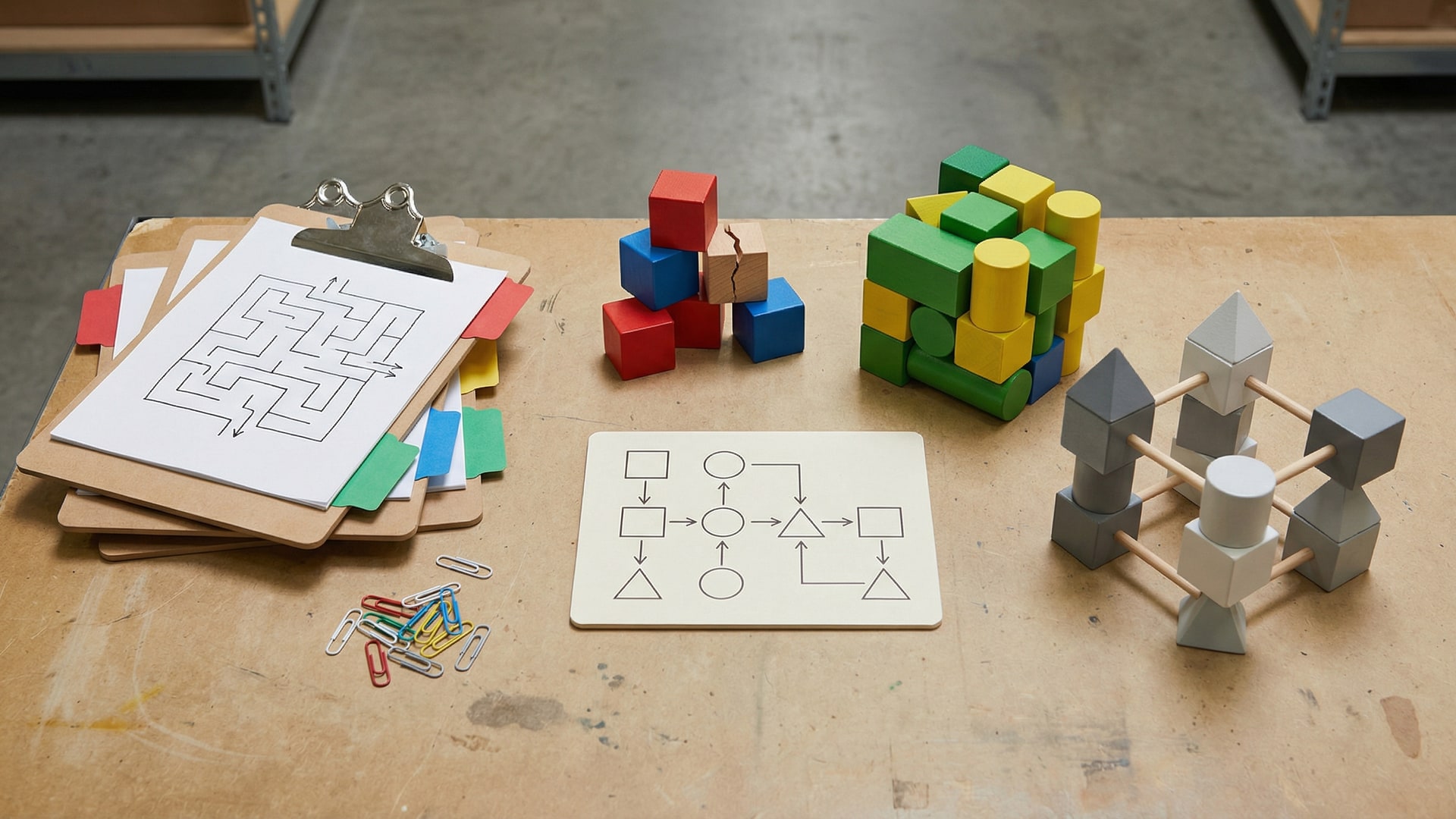 A physical metaphor for “Error Handling Patterns That Scale”: a set of simple geometric blocks arranged to show tradeoffs, with a diagram card (boxes/arrows only)