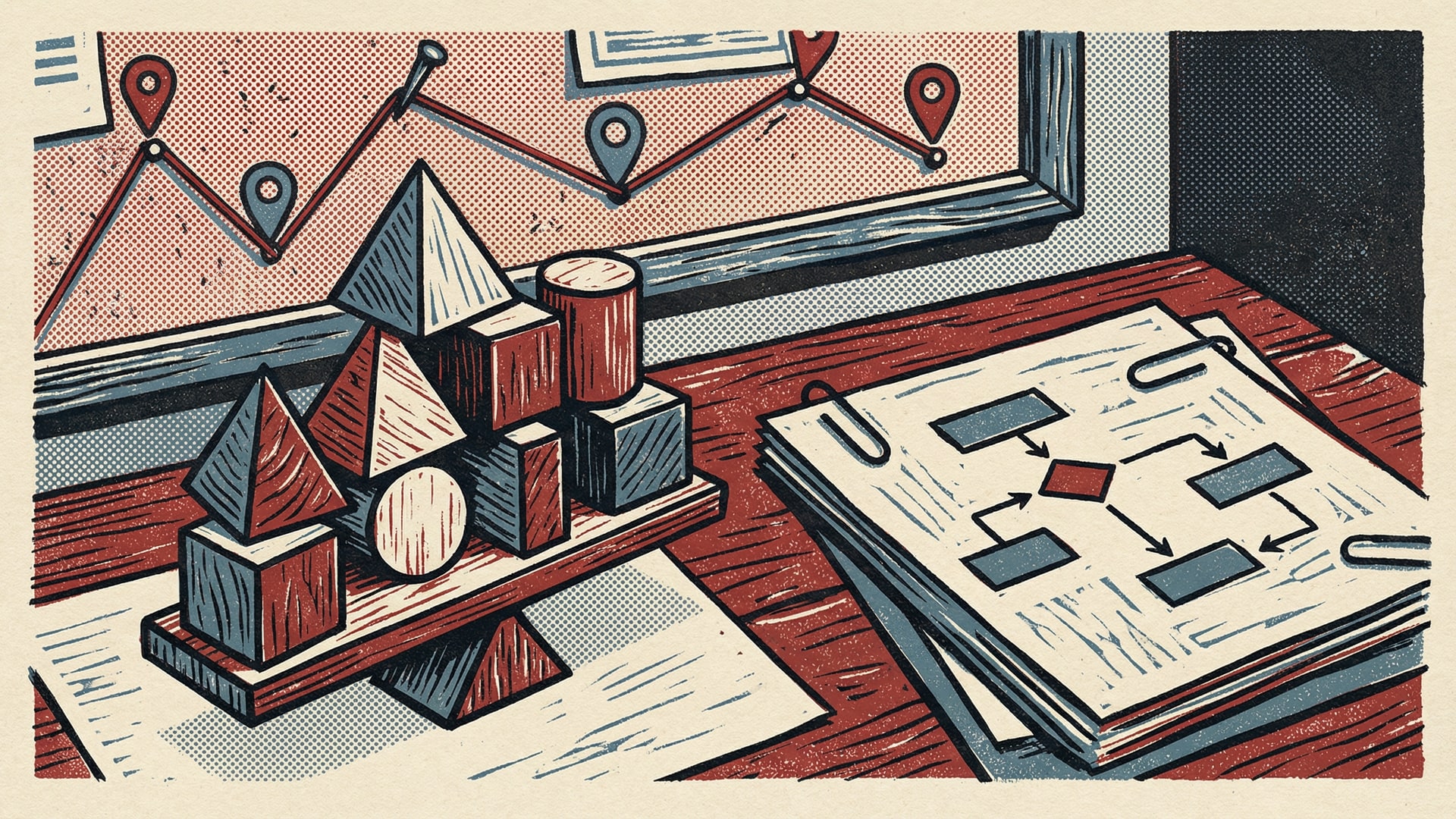 A physical metaphor for “Your First 30 Days with AI Code Review: A Pilot Plan”: a set of simple geometric blocks arranged to show tradeoffs, with a diagram card (boxes/arrows only)