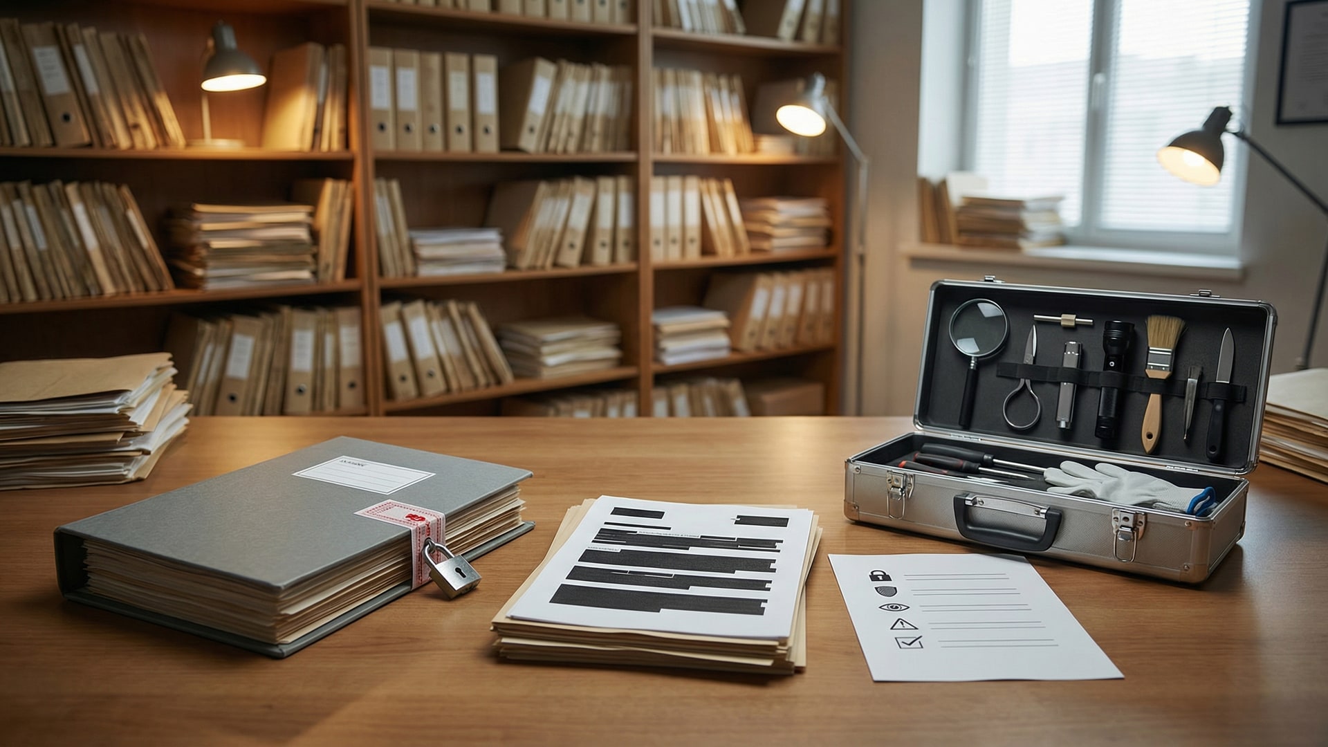 A secure review workspace with a locked folder, redacted documents (no readable text), and a simple risk checklist with icons only