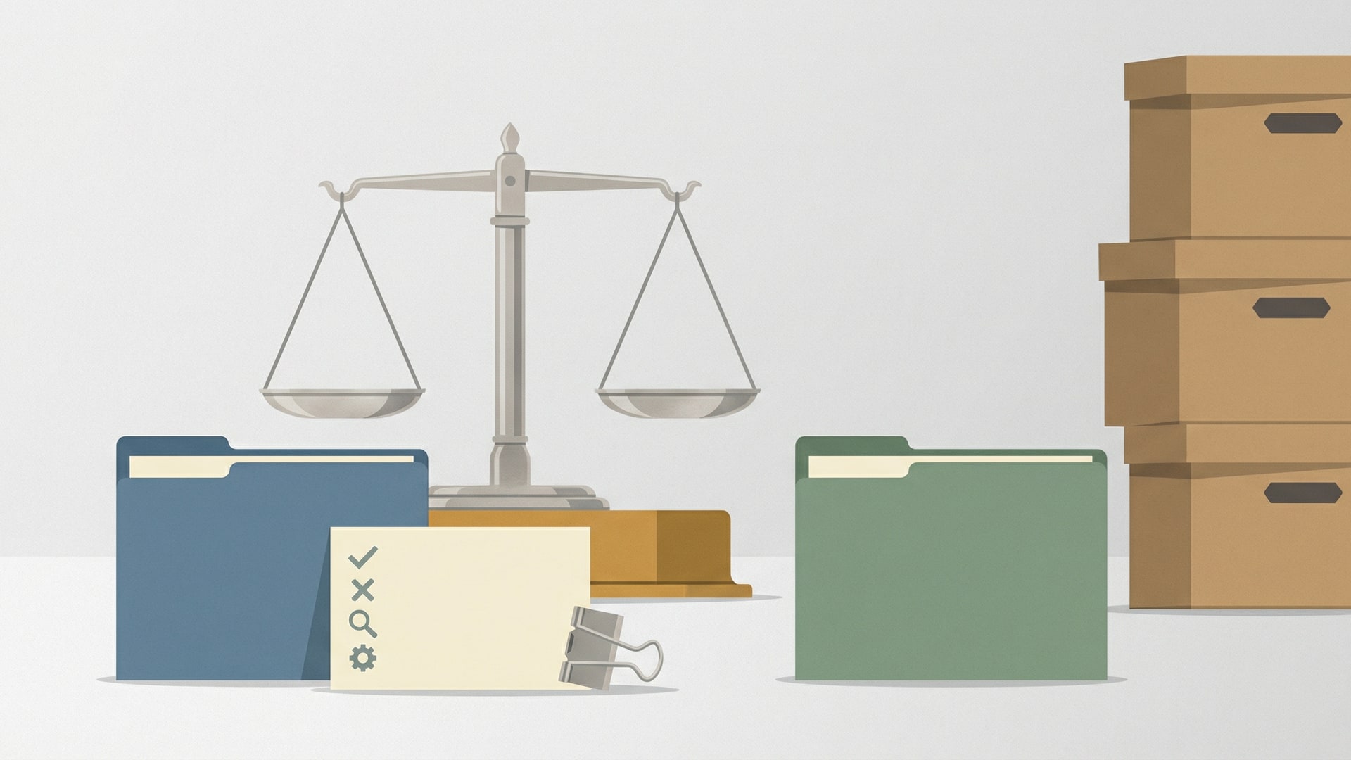 A neutral comparison setup: two unlabeled folders side-by-side, a blank scorecard with icons only, and one strong metaphor object in the center