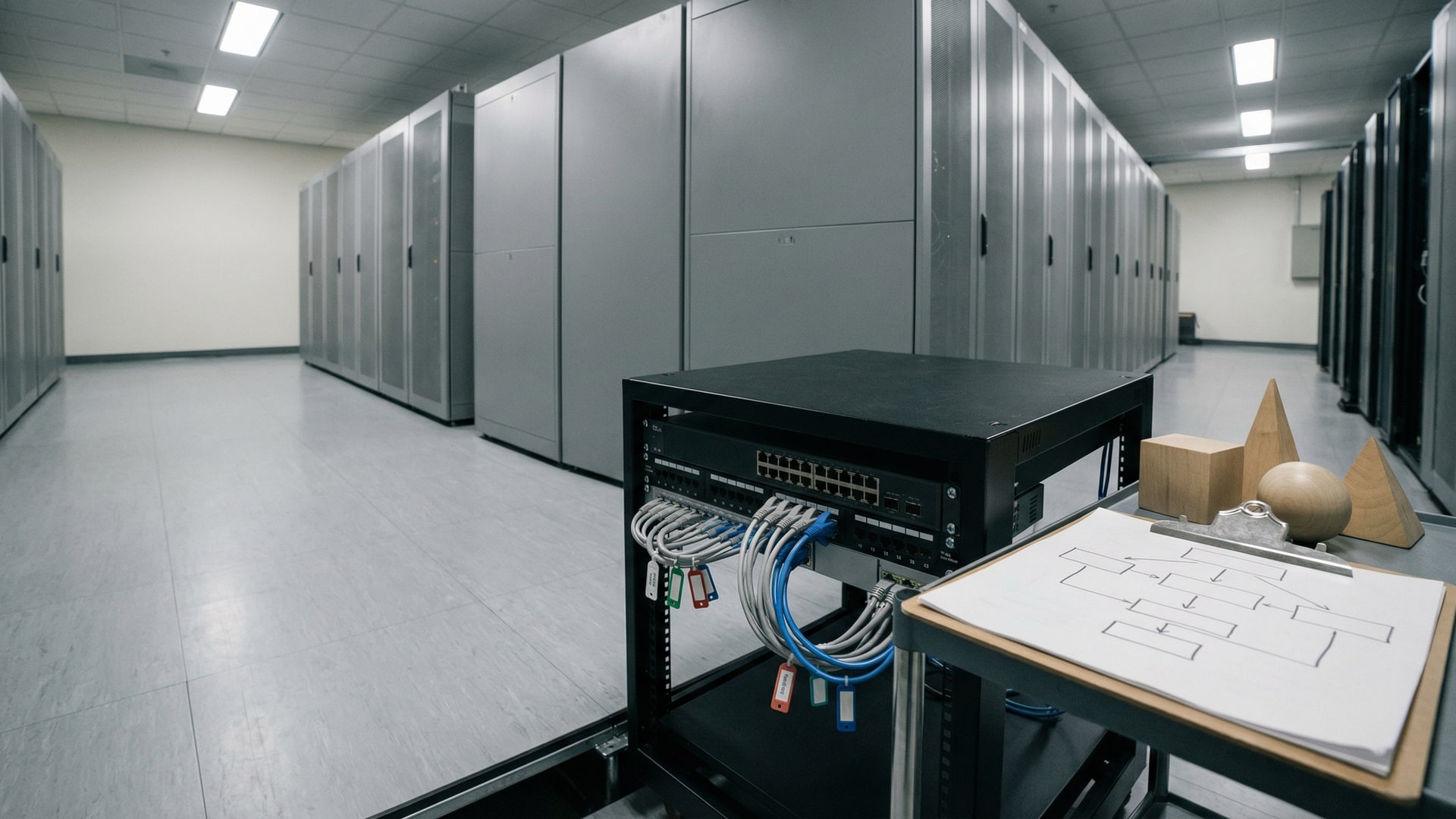 On-prem infrastructure planning: a small server rack or network switch, cable tags without text, and a simplified architecture diagram with boxes/arrows only