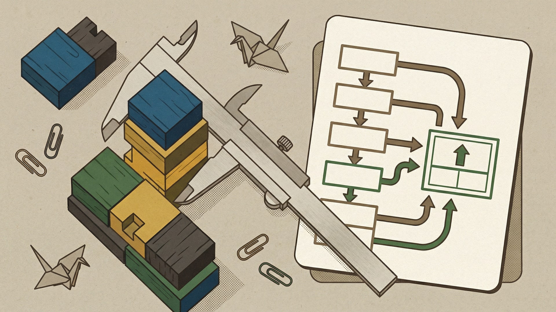 A physical metaphor for “How AI Code Review Actually Works (No Marketing Hype)”: a set of simple geometric blocks arranged to show tradeoffs, with a diagram card (boxes/arrows only)