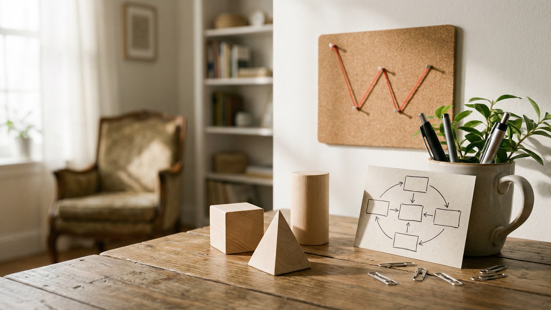 A physical metaphor for “How Much Test Coverage Is Enough?”: a set of simple geometric blocks arranged to show tradeoffs, with a diagram card (boxes/arrows only)
