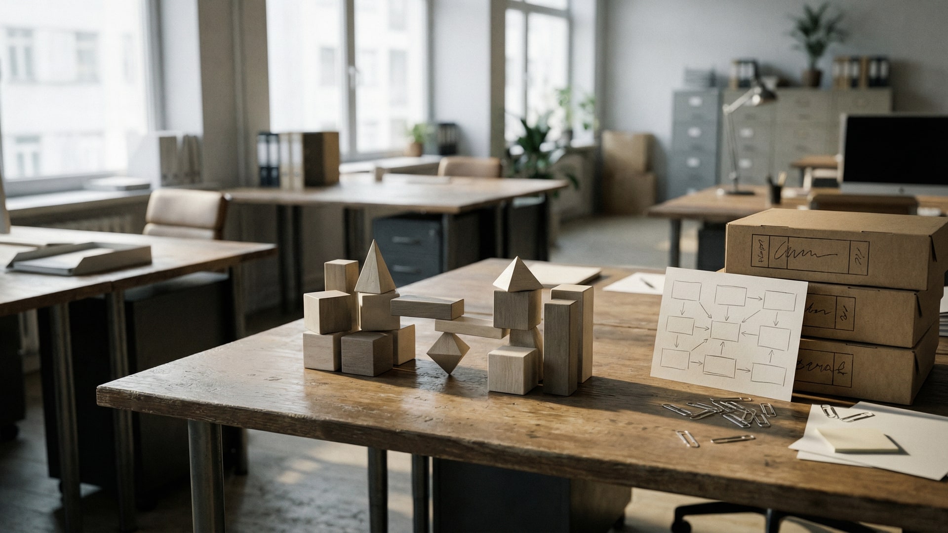 A physical metaphor for “How to Do a Codebase Health Check”: a set of simple geometric blocks arranged to show tradeoffs, with a diagram card (boxes/arrows only)