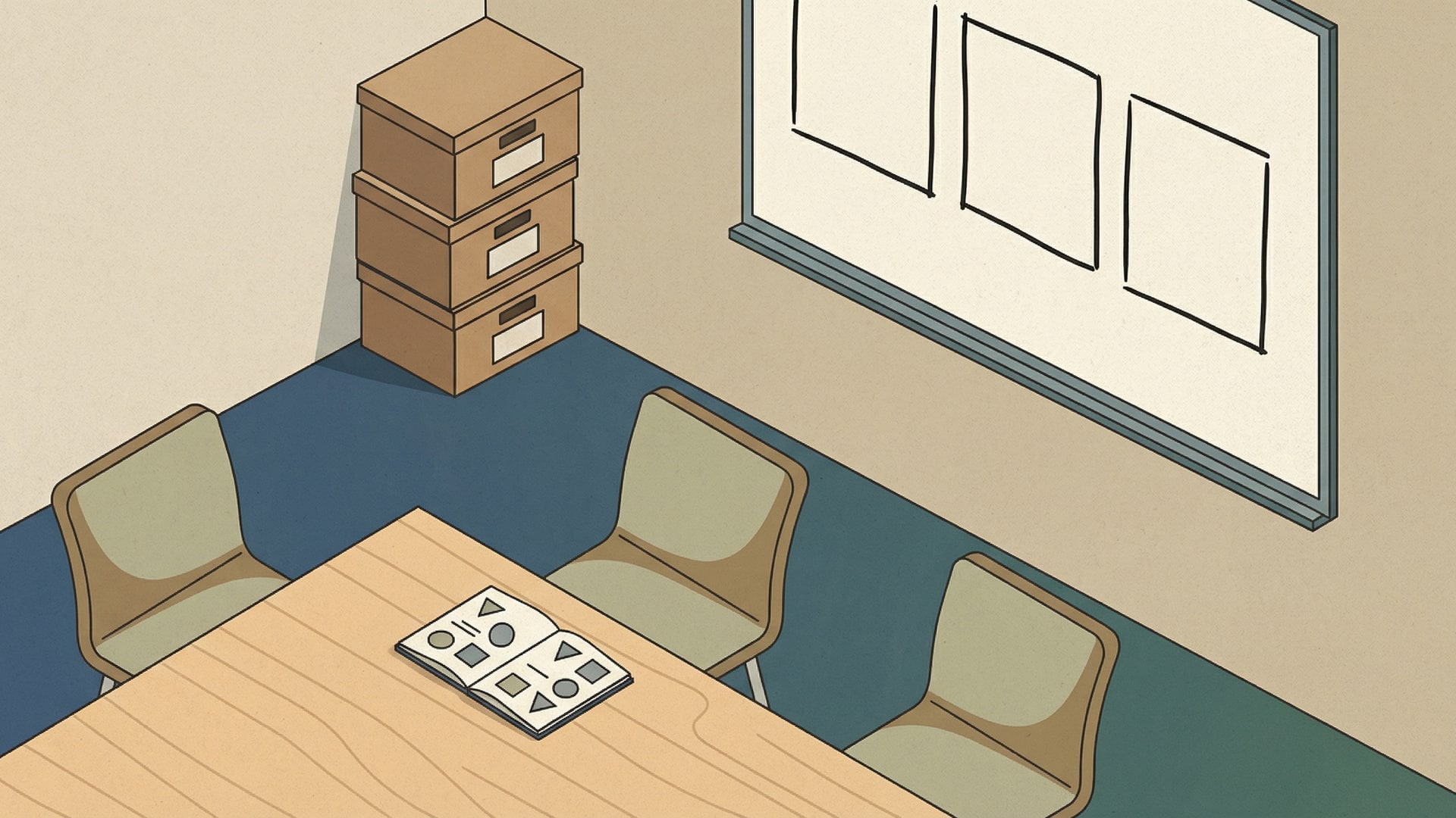 Human process: a meeting table with a few chairs, a whiteboard with blank boxes, and a single notebook open to a page with simple shapes (no words)