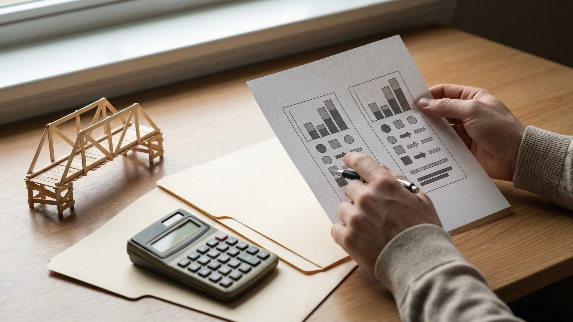 Cost and tradeoff planning: calculator, simple chart blocks (no numbers), and two options laid out side-by-side with neutral props