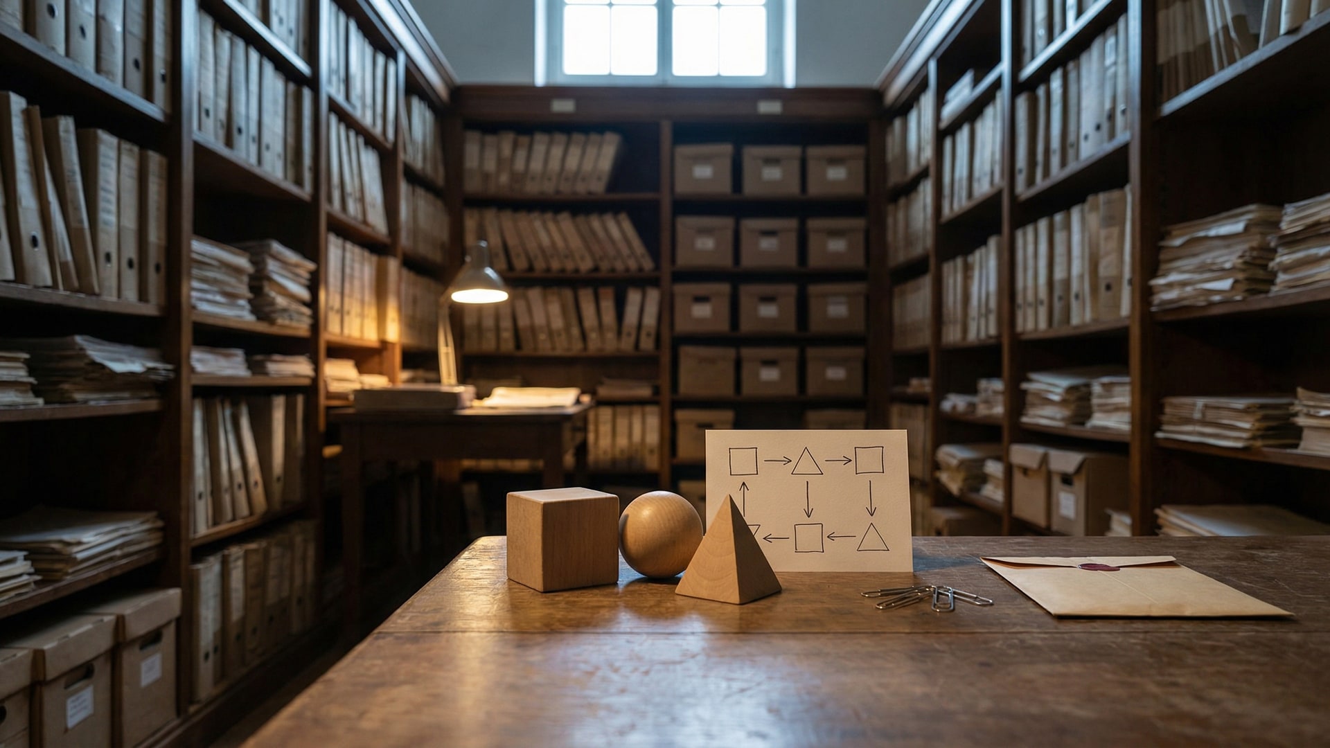 A physical metaphor for “How to Prioritise Code Review Findings”: a set of simple geometric blocks arranged to show tradeoffs, with a diagram card (boxes/arrows only)