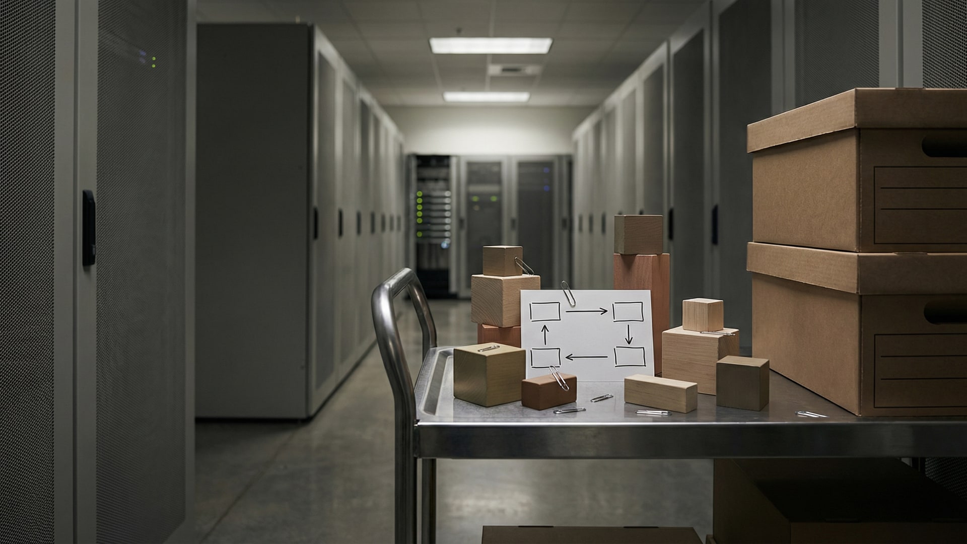 A physical metaphor for “Legacy Code Is Successful Code”: a set of simple geometric blocks arranged to show tradeoffs, with a diagram card (boxes/arrows only)