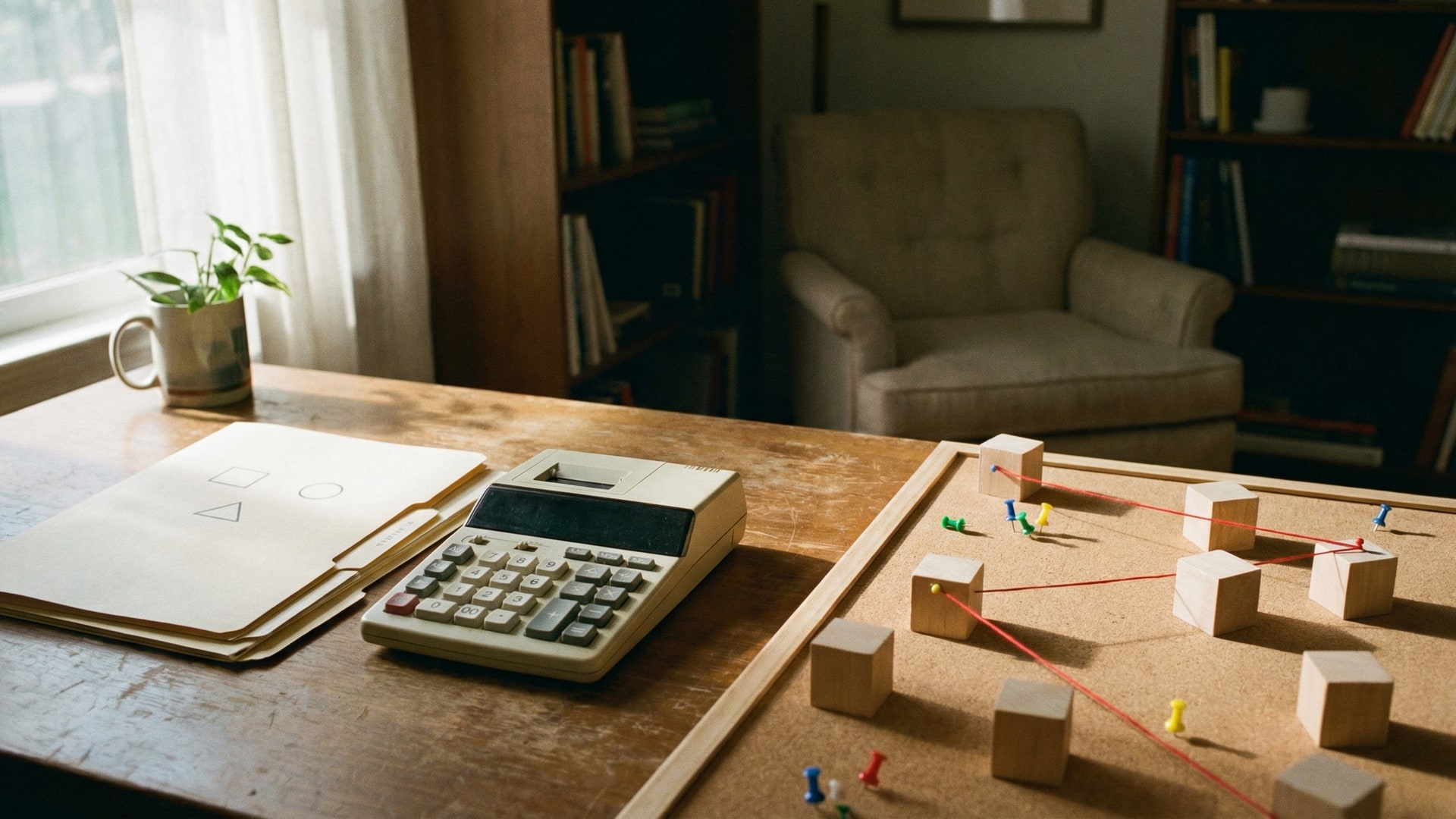 Cost and tradeoff planning: calculator, simple chart blocks (no numbers), and two options laid out side-by-side with neutral props