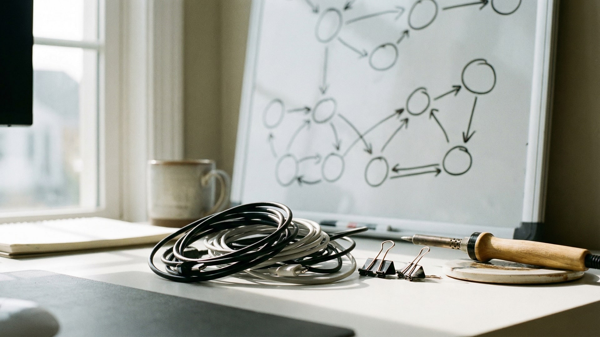 Architecture thinking: a whiteboard or wall with a diagram of nodes and arrows (no labels), plus a small tangle of cables as a metaphor