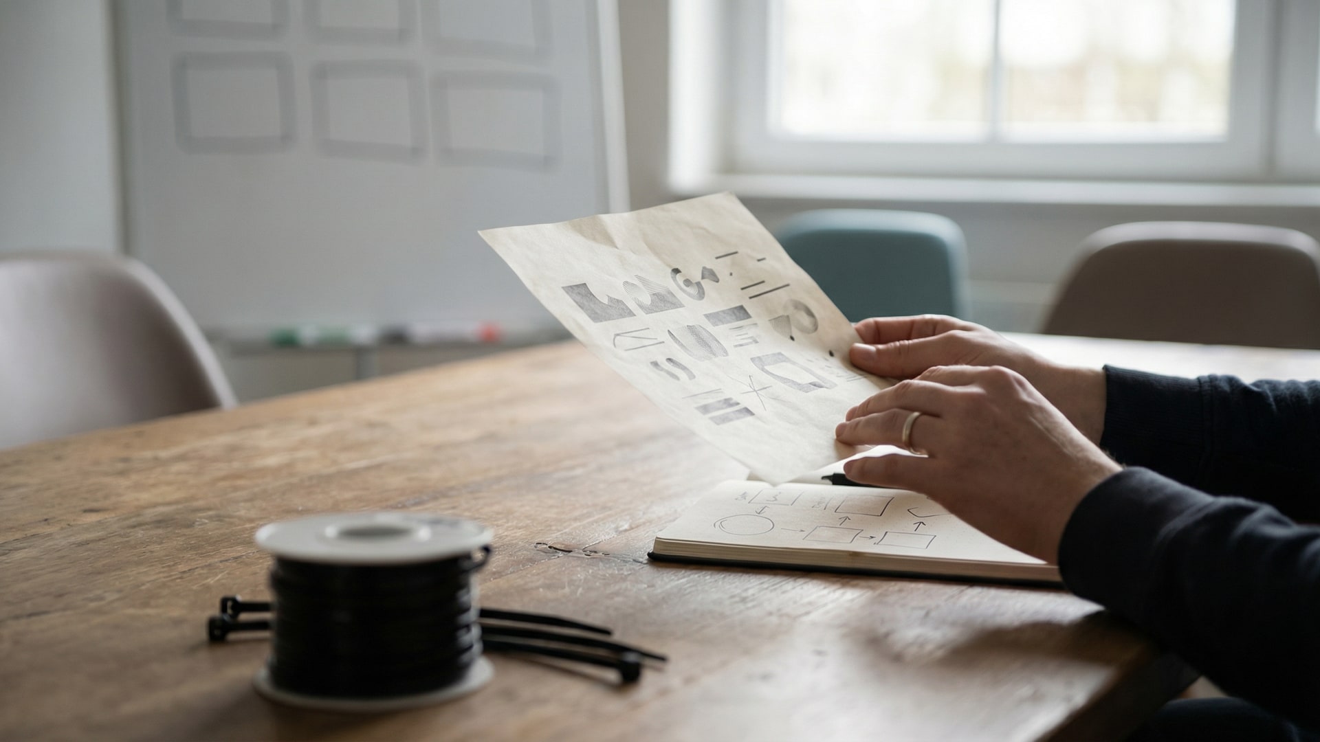 Human process: a meeting table with a few chairs, a whiteboard with blank boxes, and a single notebook open to a page with simple shapes (no words)