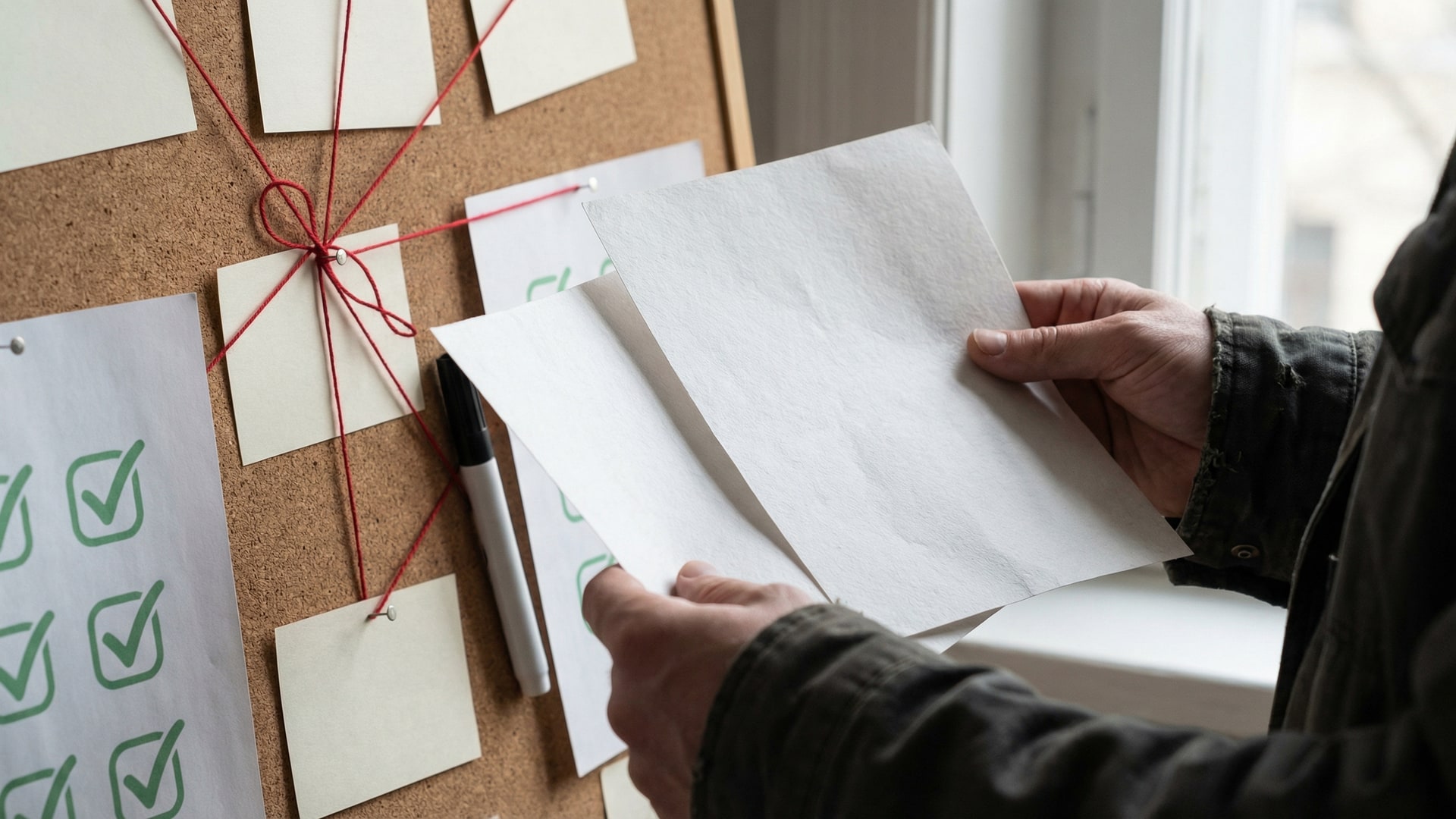 A contrast between “checks pass” and “real bug”: a green check icon sheet (no text) next to a messy incident timeline with blank cards