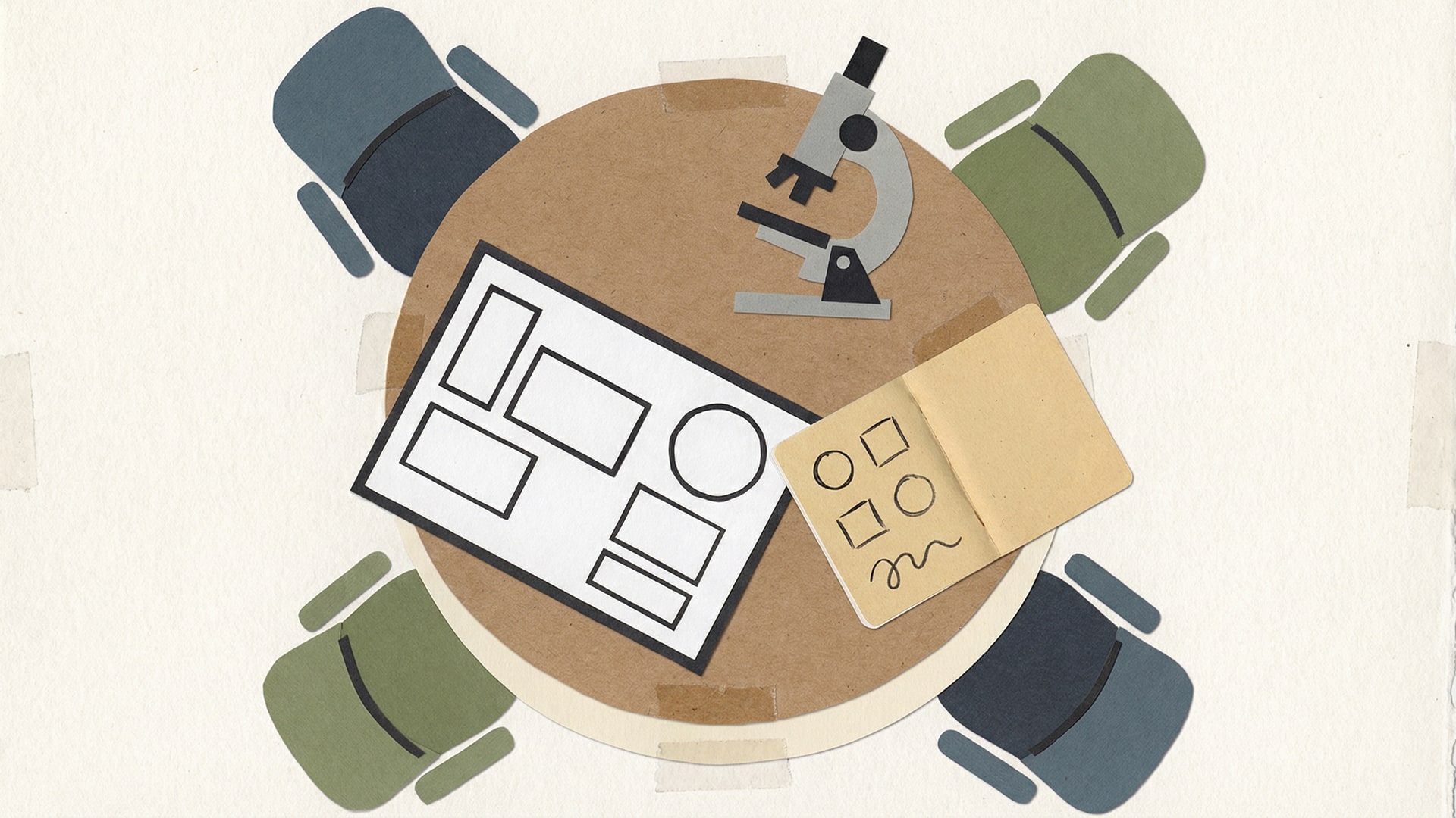 Human process: a meeting table with a few chairs, a whiteboard with blank boxes, and a single notebook open to a page with simple shapes (no words)