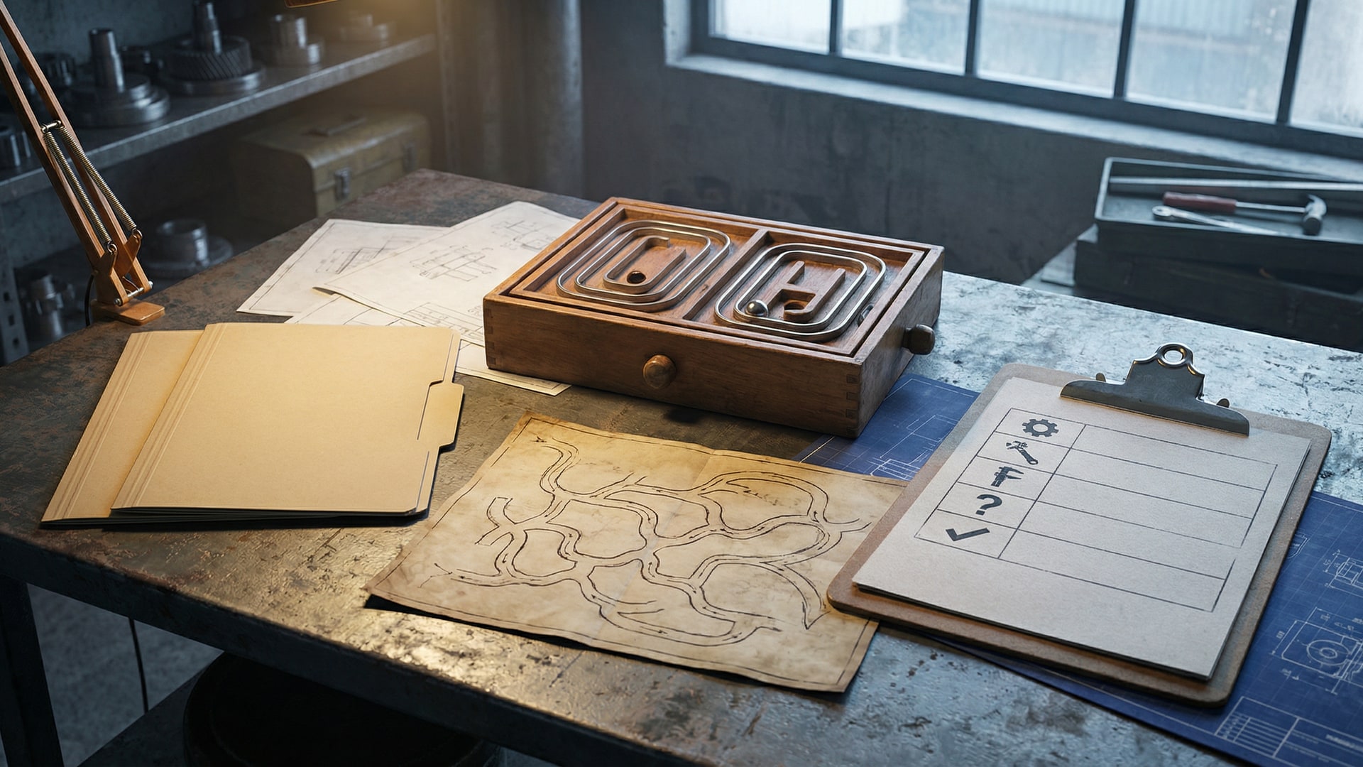 A neutral comparison setup: two unlabeled folders side-by-side, a blank scorecard with icons only, and one strong metaphor object in the center