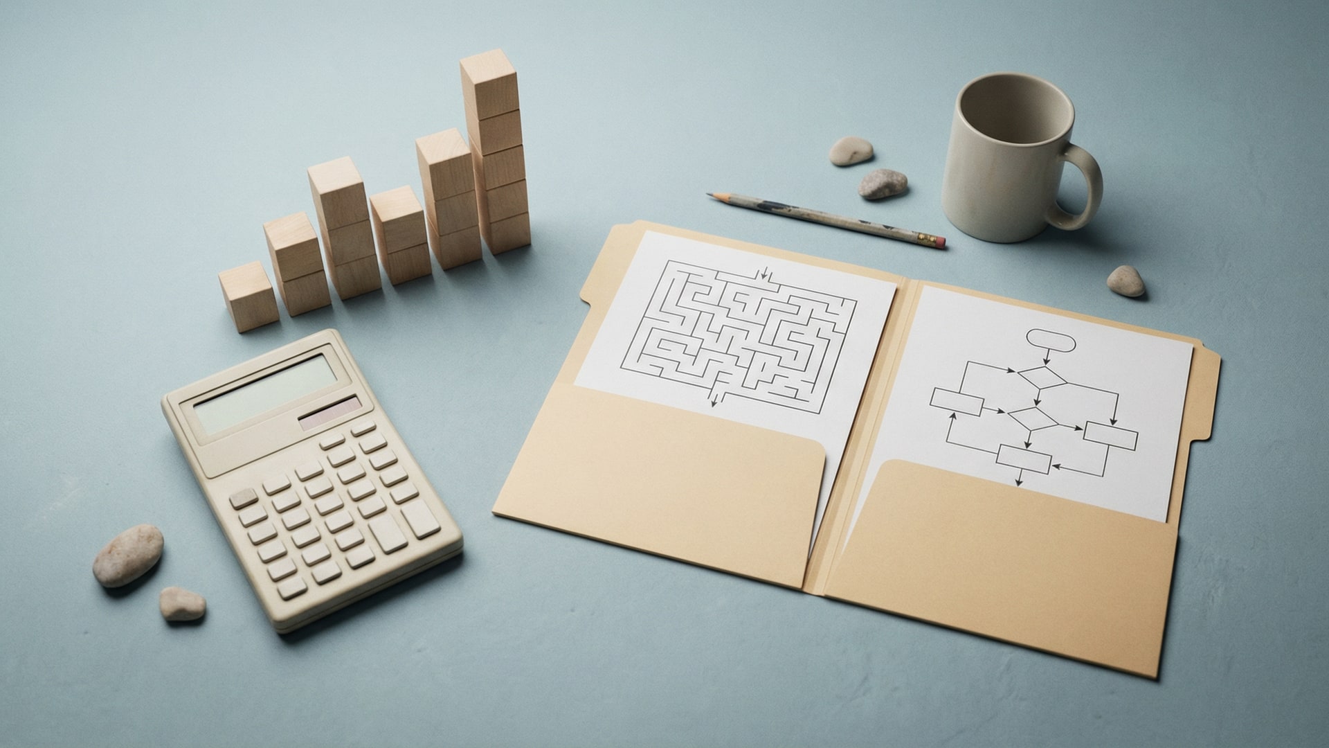 Cost and tradeoff planning: calculator, simple chart blocks (no numbers), and two options laid out side-by-side with neutral props