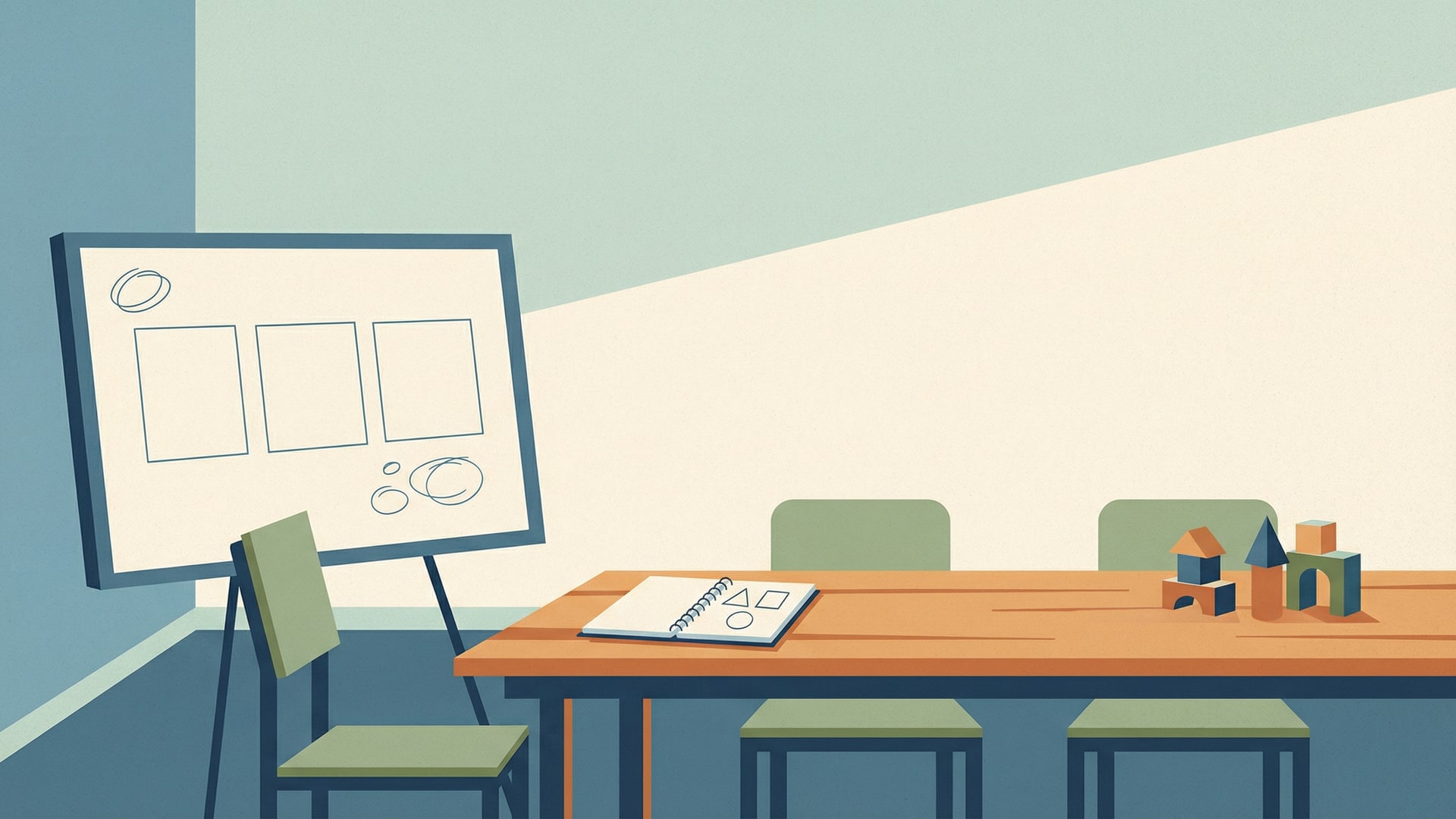 Human process: a meeting table with a few chairs, a whiteboard with blank boxes, and a single notebook open to a page with simple shapes (no words)