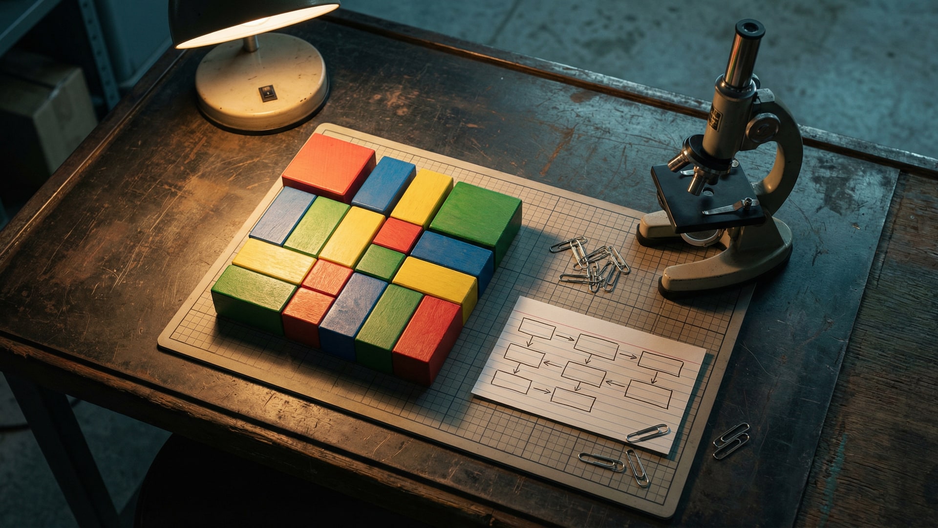 A physical metaphor for “The Technical Debt Prioritisation Matrix”: a set of simple geometric blocks arranged to show tradeoffs, with a diagram card (boxes/arrows only)