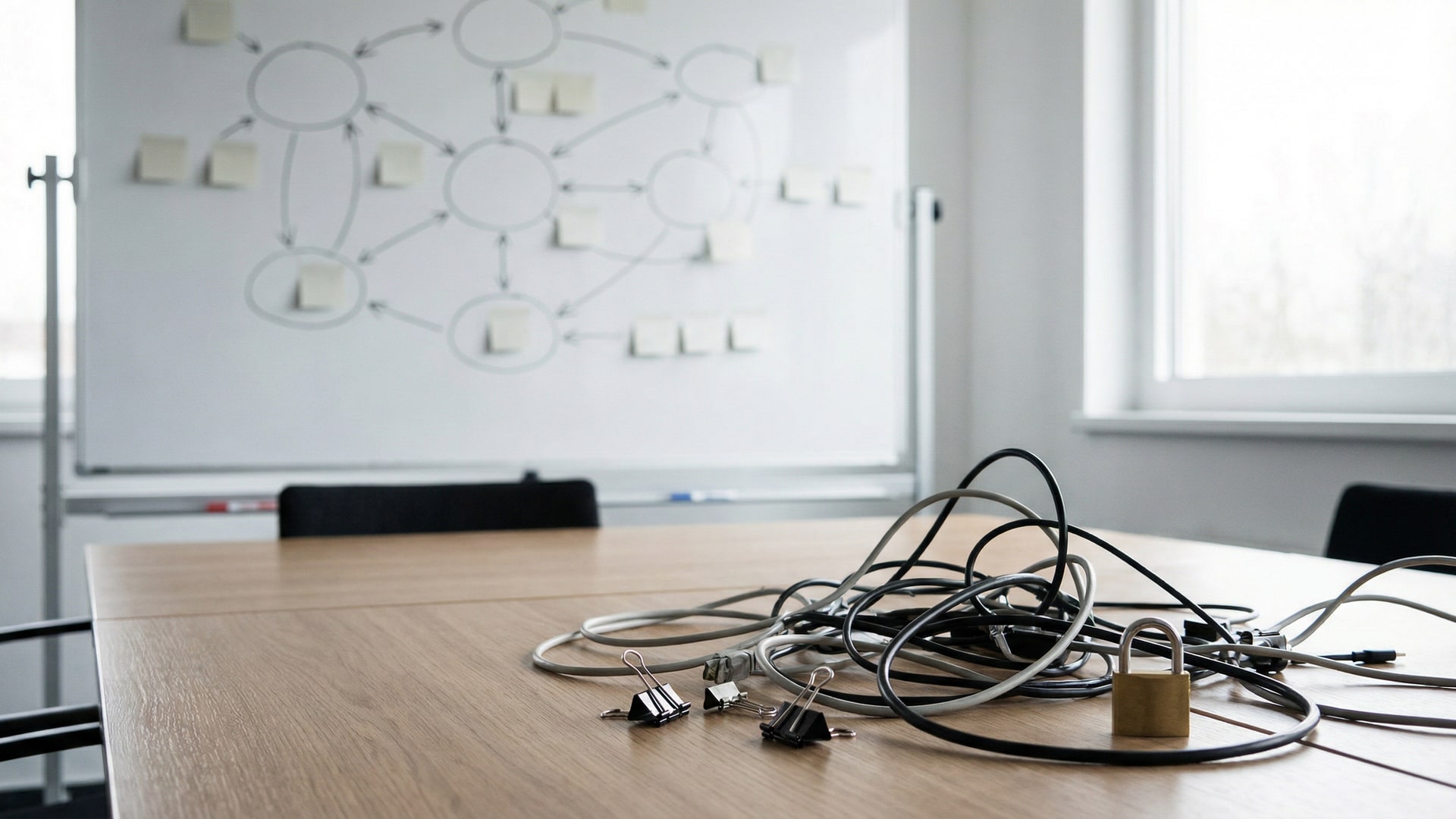 Architecture thinking: a whiteboard or wall with a diagram of nodes and arrows (no labels), plus a small tangle of cables as a metaphor