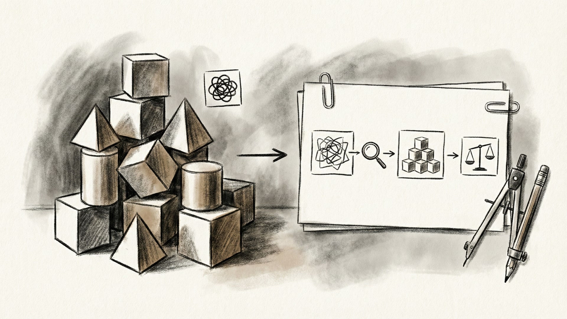 A physical metaphor for “The Case for Reviewing Your Entire Codebase”: a set of simple geometric blocks arranged to show tradeoffs, with a diagram card (boxes/arrows only)