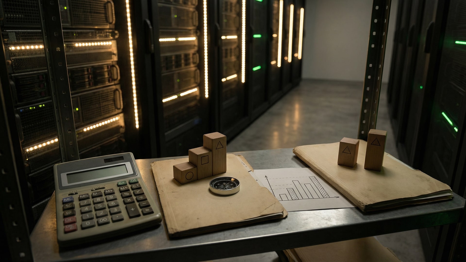 Cost and tradeoff planning: calculator, simple chart blocks (no numbers), and two options laid out side-by-side with neutral props