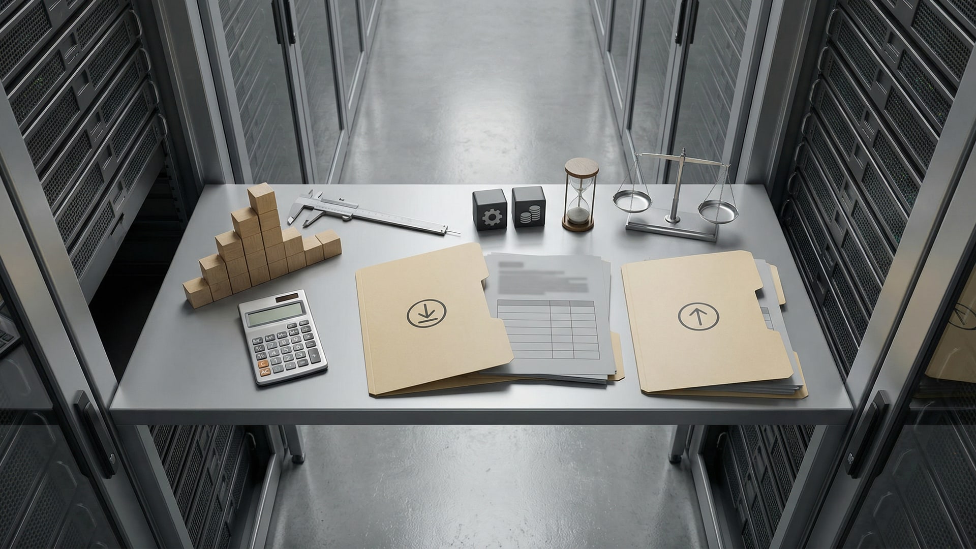 Cost and tradeoff planning: calculator, simple chart blocks (no numbers), and two options laid out side-by-side with neutral props