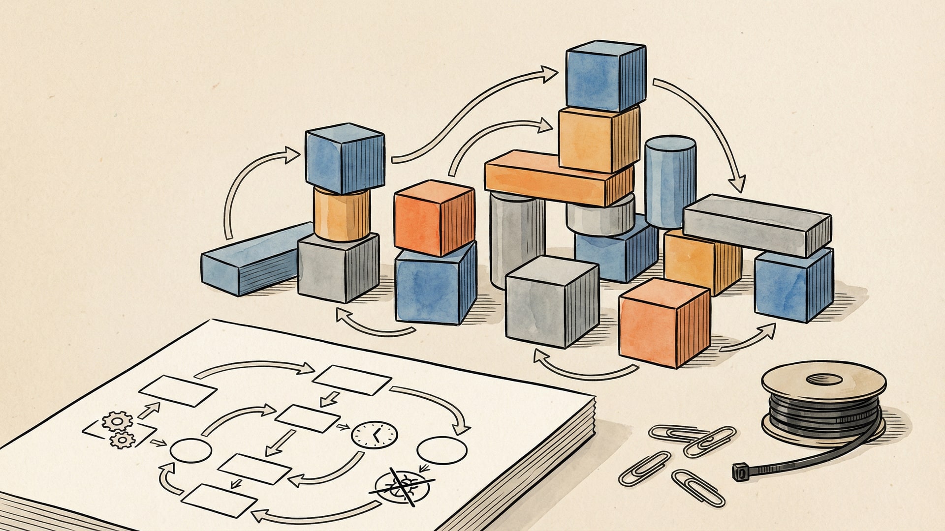 A physical metaphor for “The Myth of Write-Once Code”: a set of simple geometric blocks arranged to show tradeoffs, with a diagram card (boxes/arrows only)