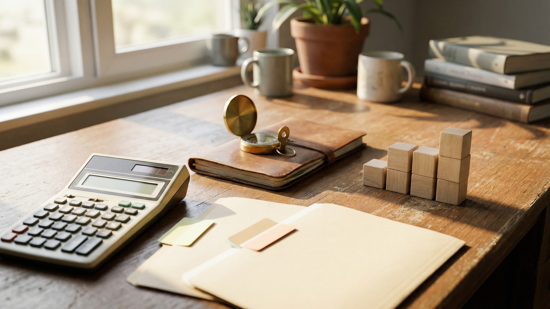 Cost and tradeoff planning: calculator, simple chart blocks (no numbers), and two options laid out side-by-side with neutral props