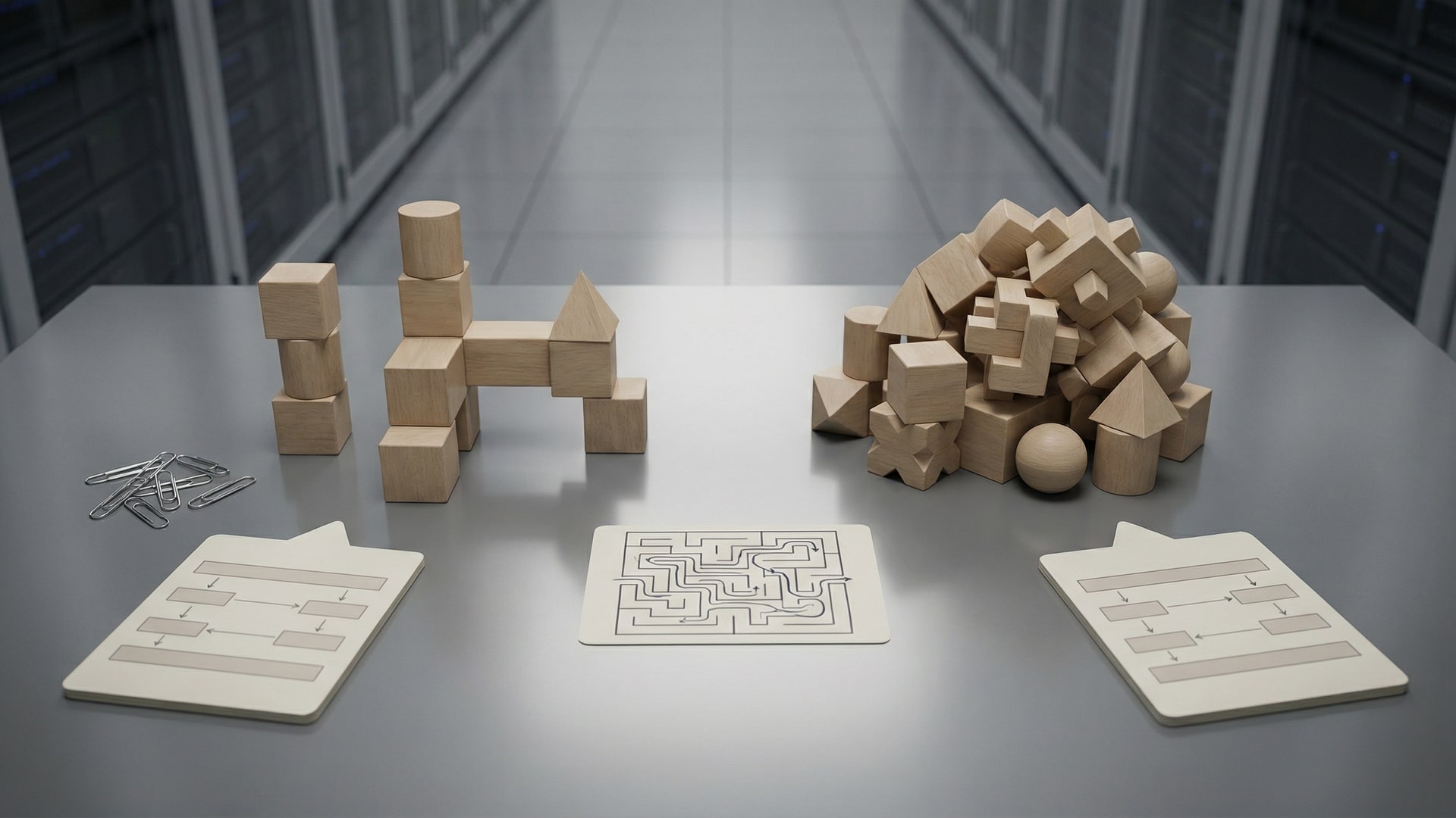 A physical metaphor for “Understanding Code Complexity Metrics: Cyclomatic, Cognitive, and Beyond”: a set of simple geometric blocks arranged to show tradeoffs, with a diagram card (boxes/arrows only)