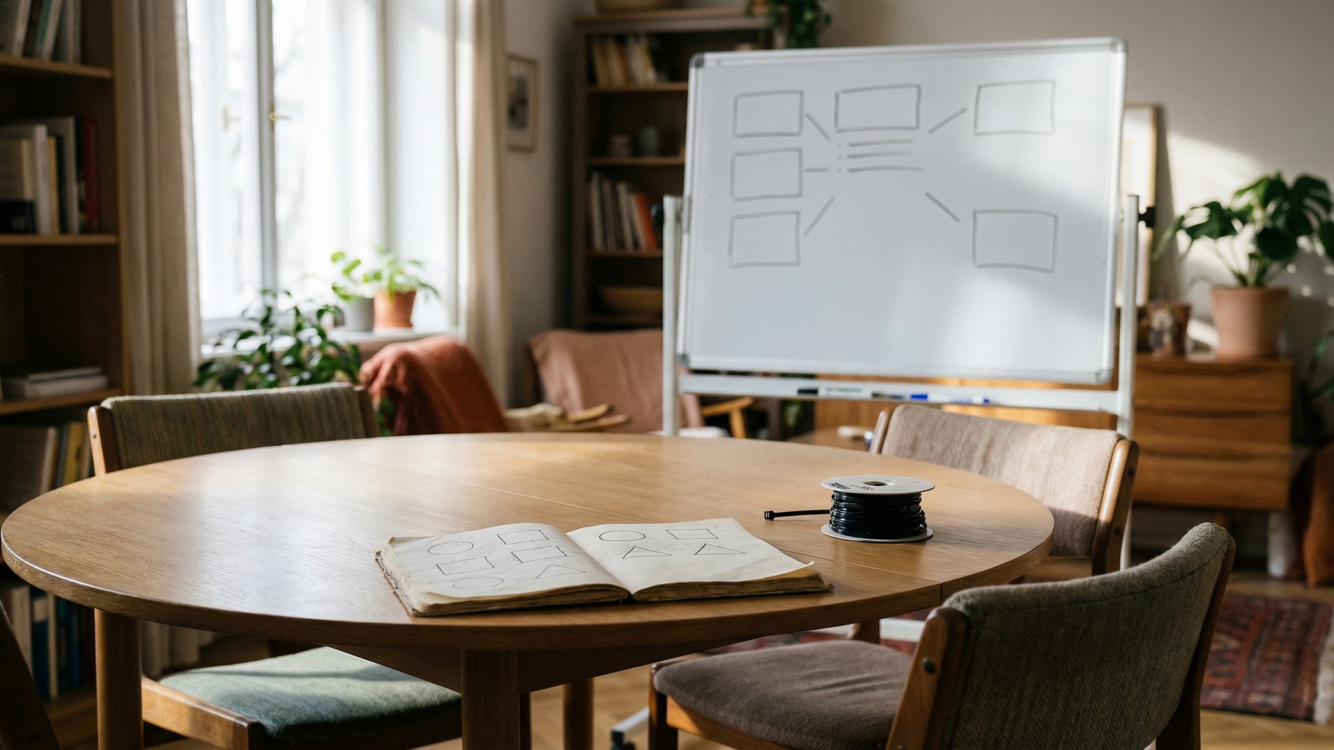 Human process: a meeting table with a few chairs, a whiteboard with blank boxes, and a single notebook open to a page with simple shapes (no words)