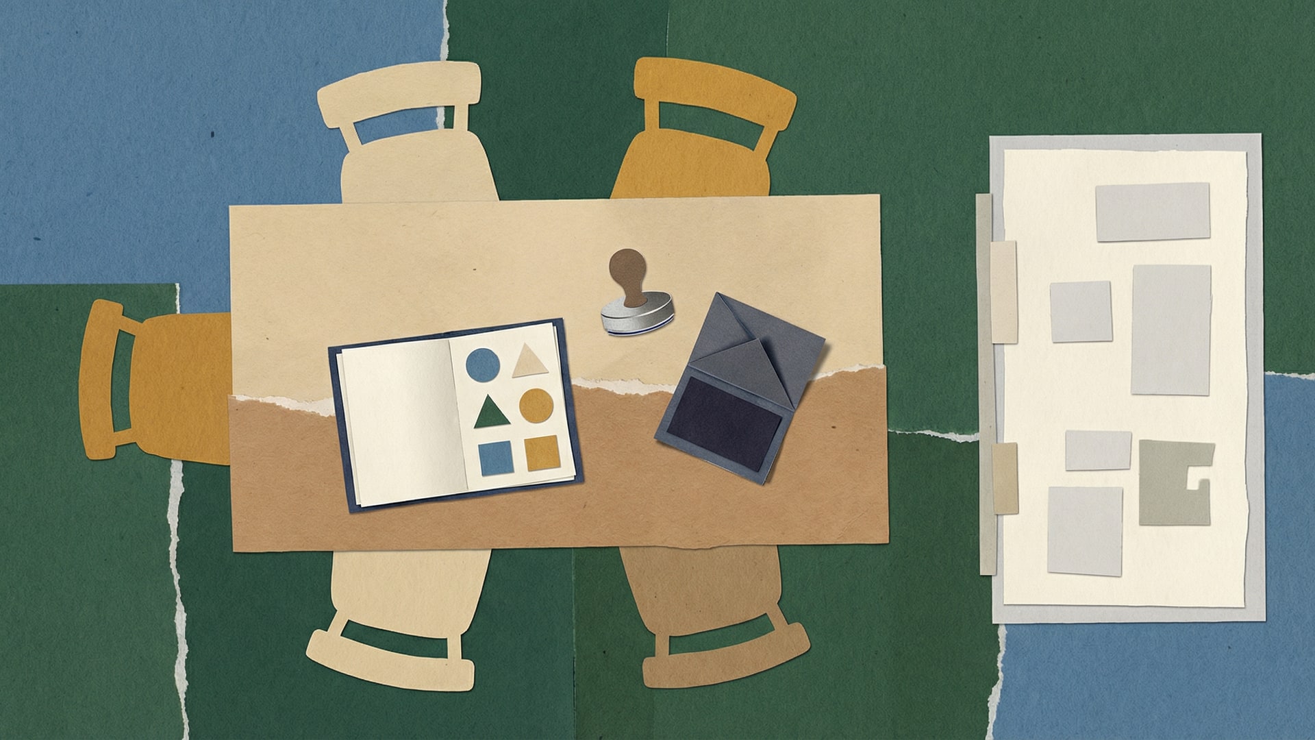 Human process: a meeting table with a few chairs, a whiteboard with blank boxes, and a single notebook open to a page with simple shapes (no words)