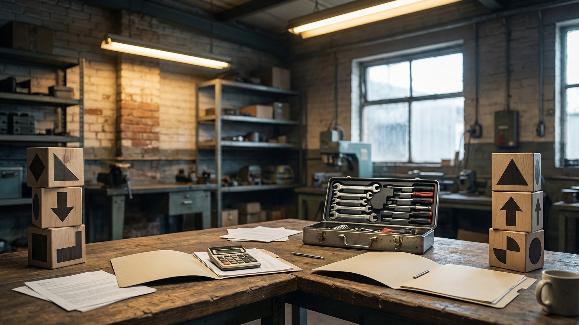 Cost and tradeoff planning: calculator, simple chart blocks (no numbers), and two options laid out side-by-side with neutral props