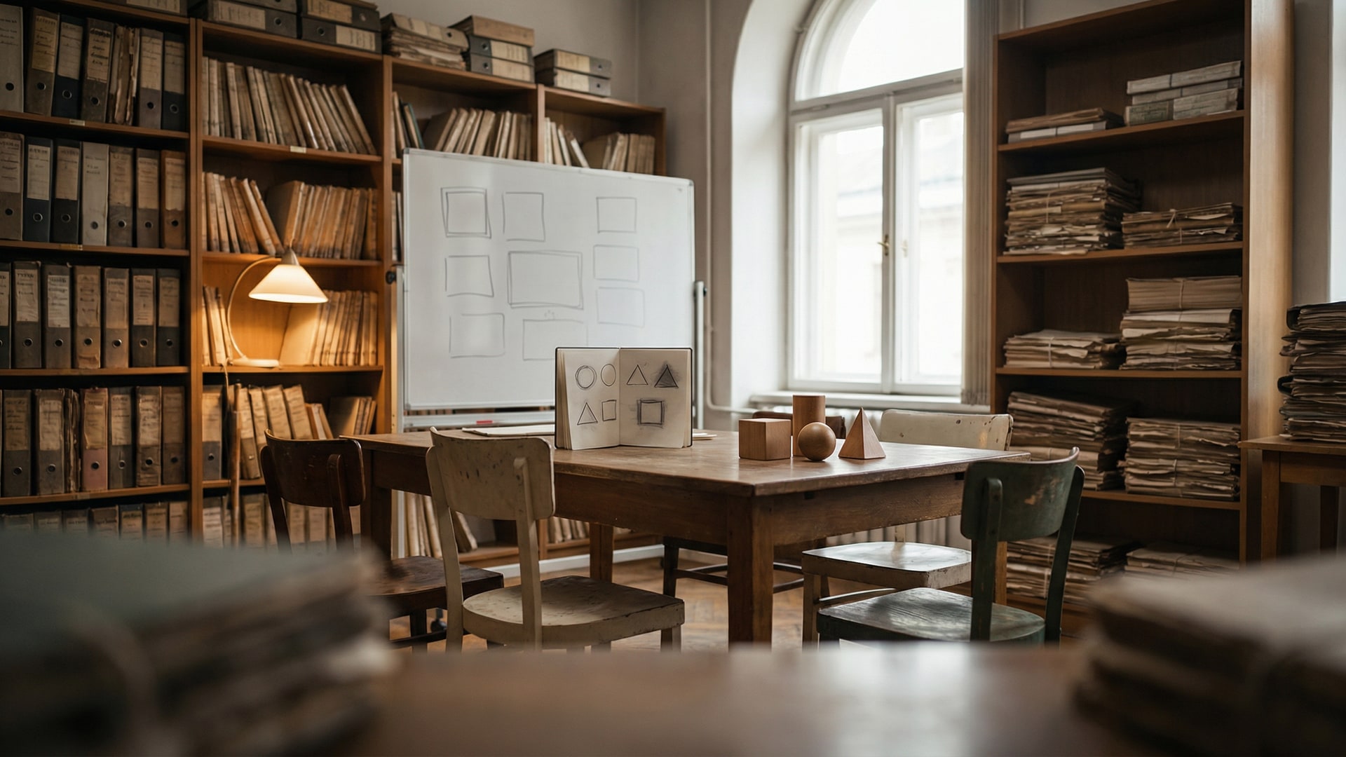 Human process: a meeting table with a few chairs, a whiteboard with blank boxes, and a single notebook open to a page with simple shapes (no words)