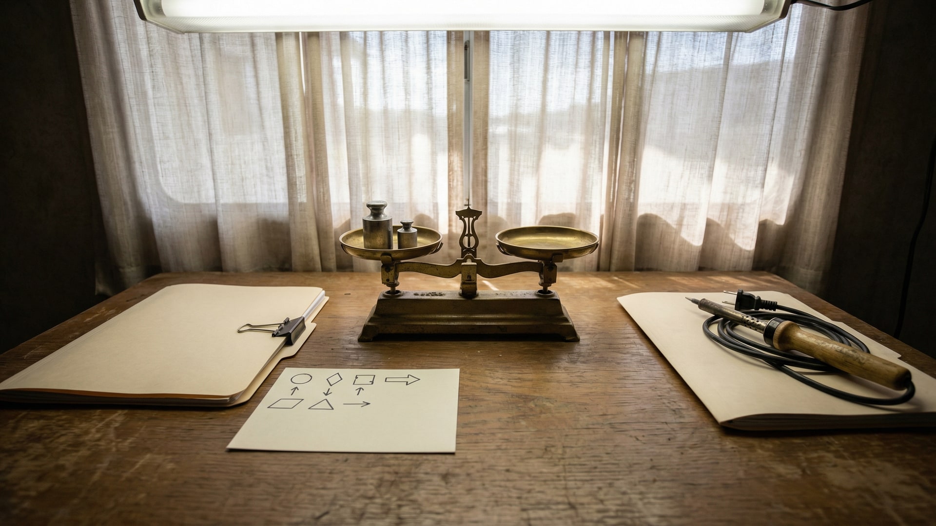 A neutral comparison setup: two unlabeled folders side-by-side, a blank scorecard with icons only, and one strong metaphor object in the center