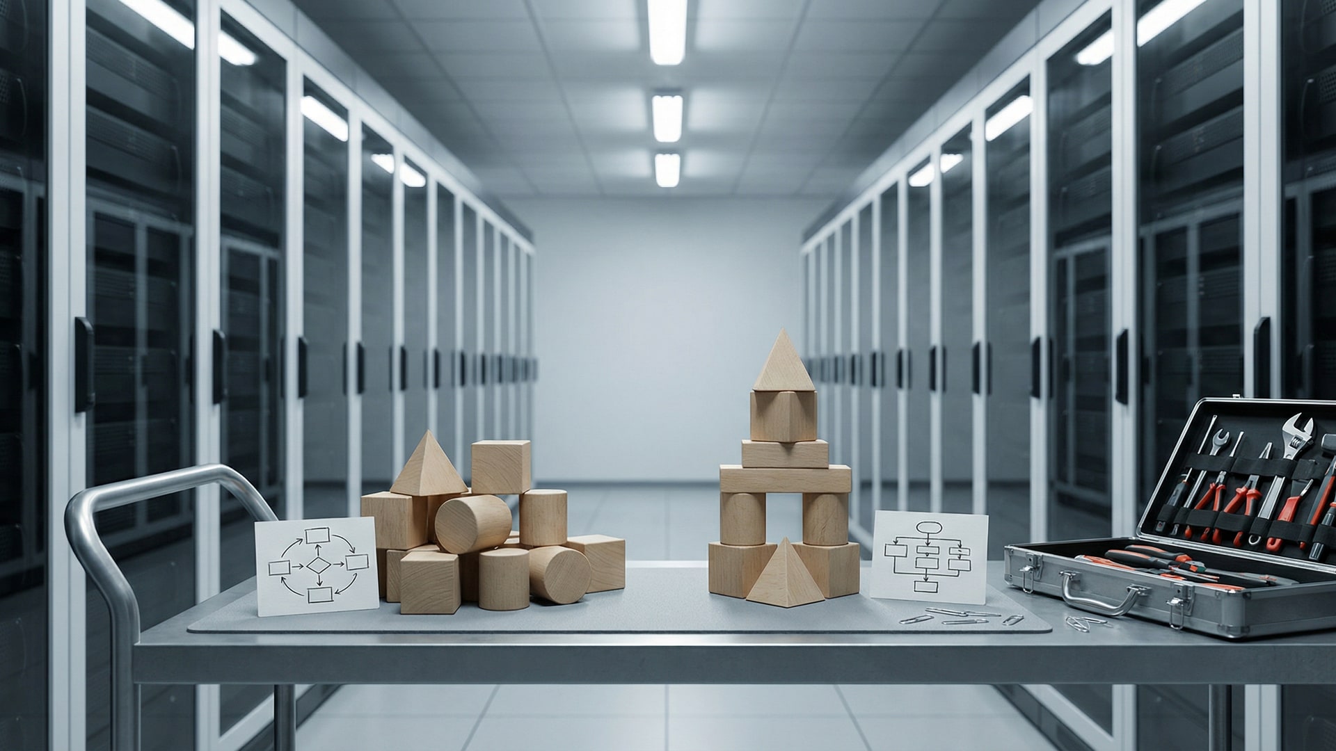 A physical metaphor for “Why Code Reviews Fail (And How to Fix Them)”: a set of simple geometric blocks arranged to show tradeoffs, with a diagram card (boxes/arrows only)