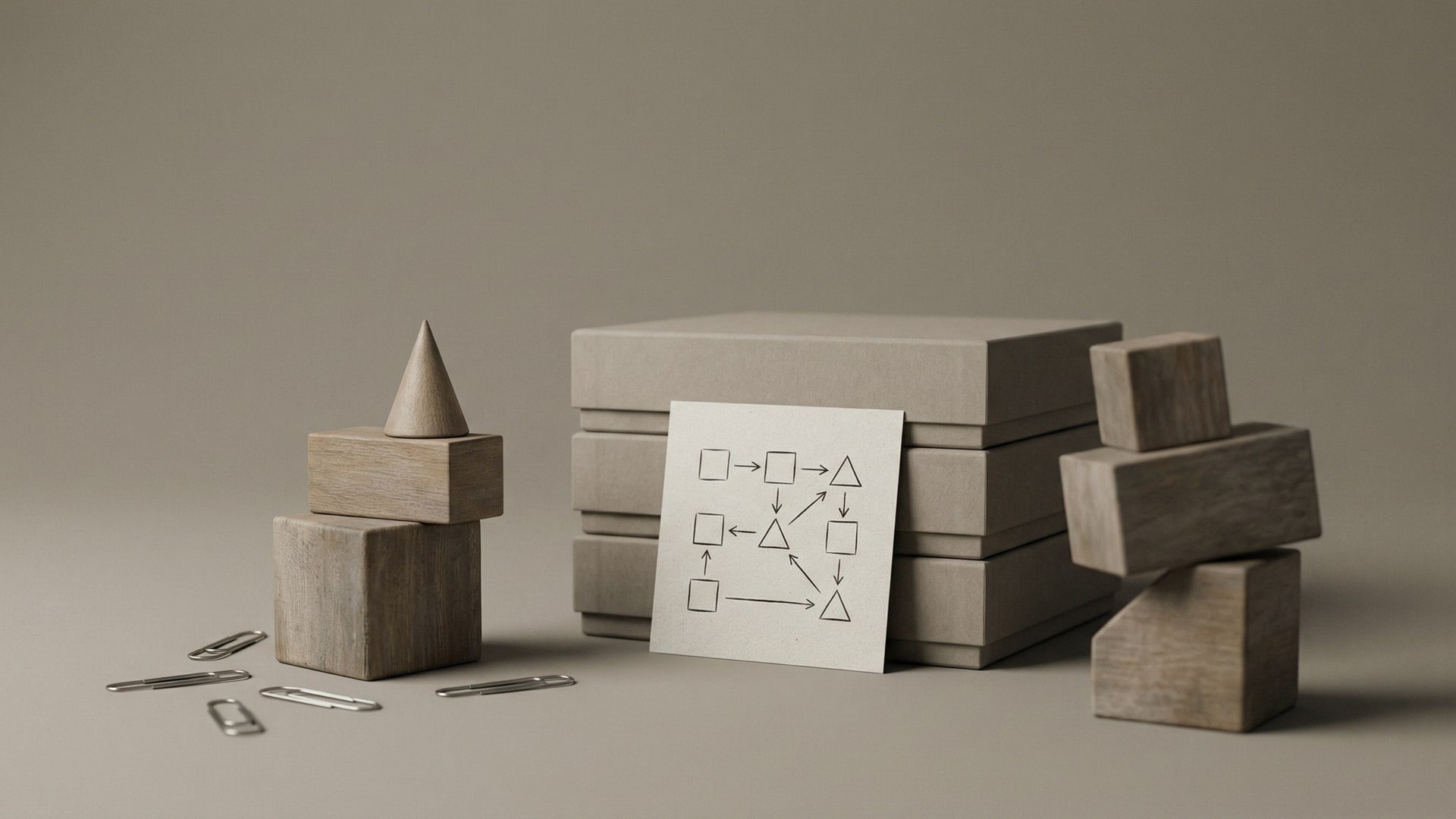 A physical metaphor for “Why Most Code Review Tools Focus on the Wrong Thing”: a set of simple geometric blocks arranged to show tradeoffs, with a diagram card (boxes/arrows only)