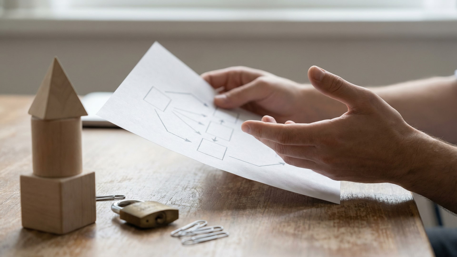 A physical metaphor for “Why PR Review Alone Isn't Enough”: a set of simple geometric blocks arranged to show tradeoffs, with a diagram card (boxes/arrows only)