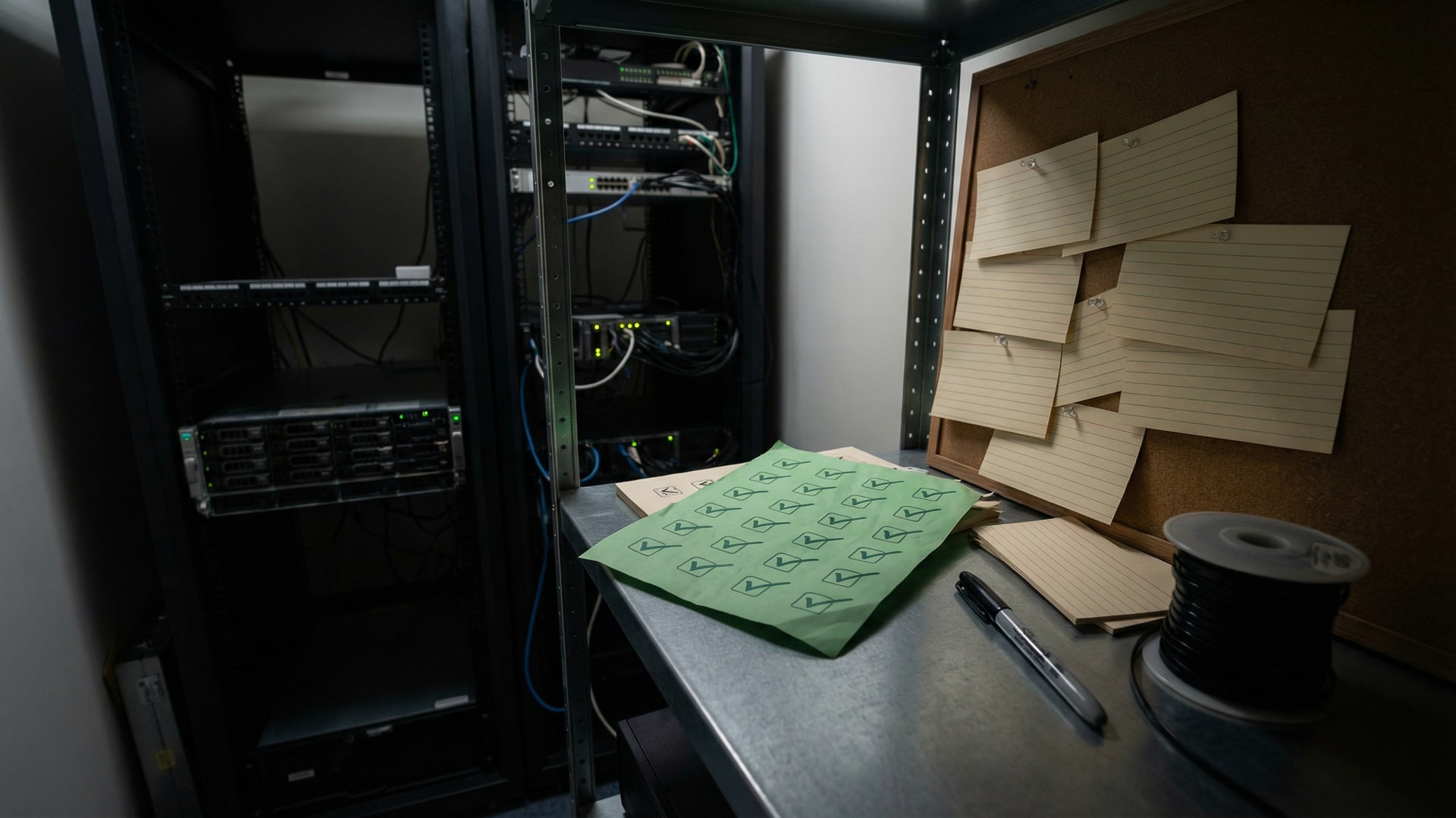 A contrast between “checks pass” and “real bug”: a green check icon sheet (no text) next to a messy incident timeline with blank cards