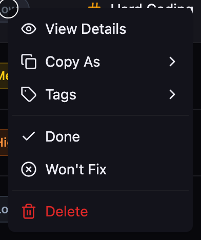 Context menu with quick actions on an issue row