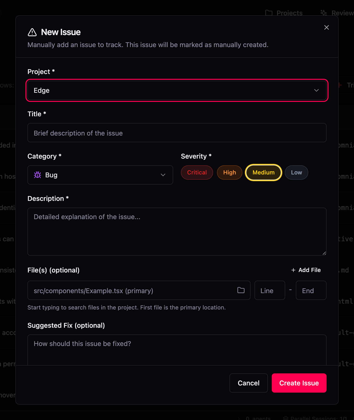 Create issue dialog with category and severity selection