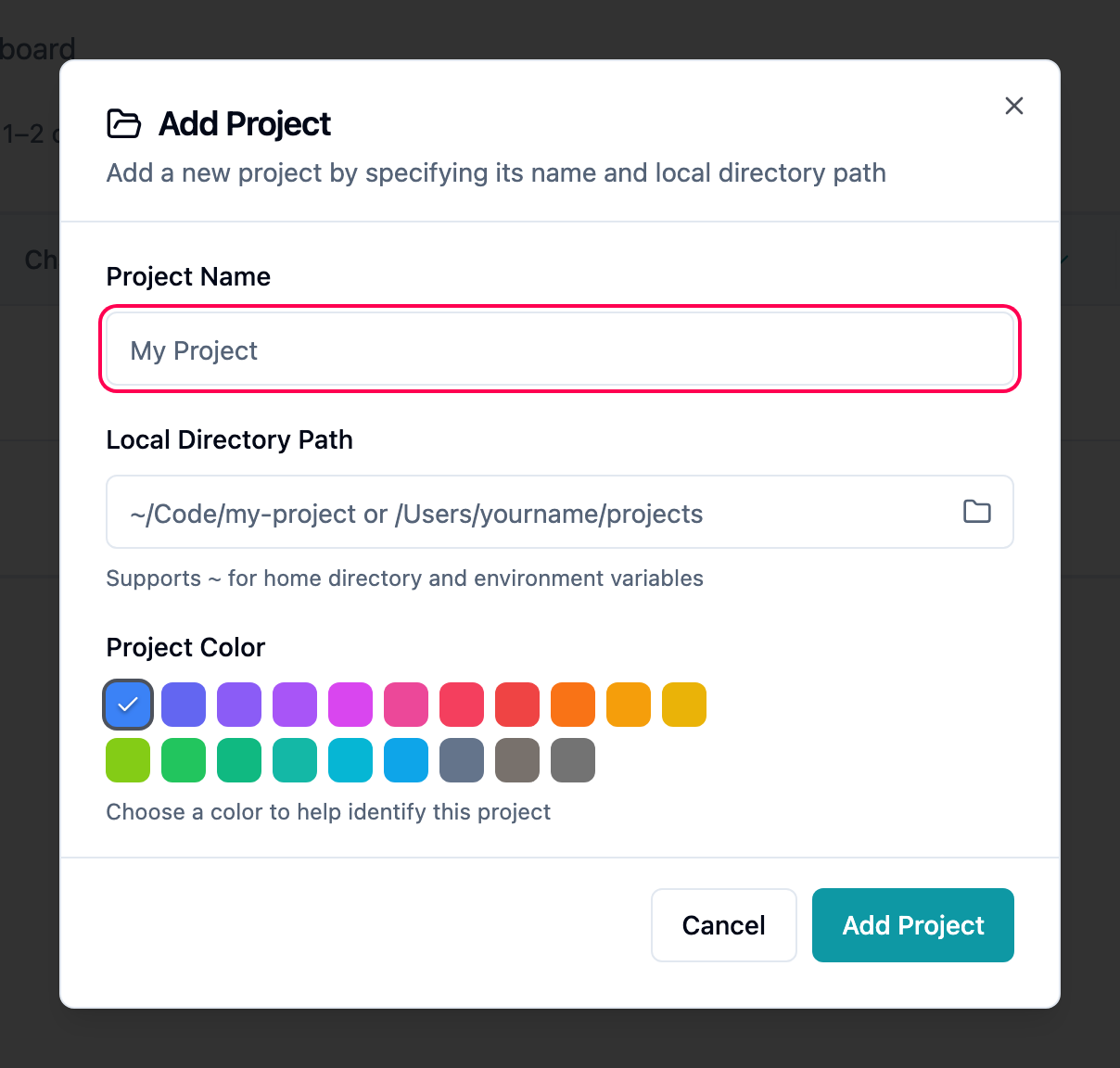 The Add Project dialog showing path, name, and exclusion fields