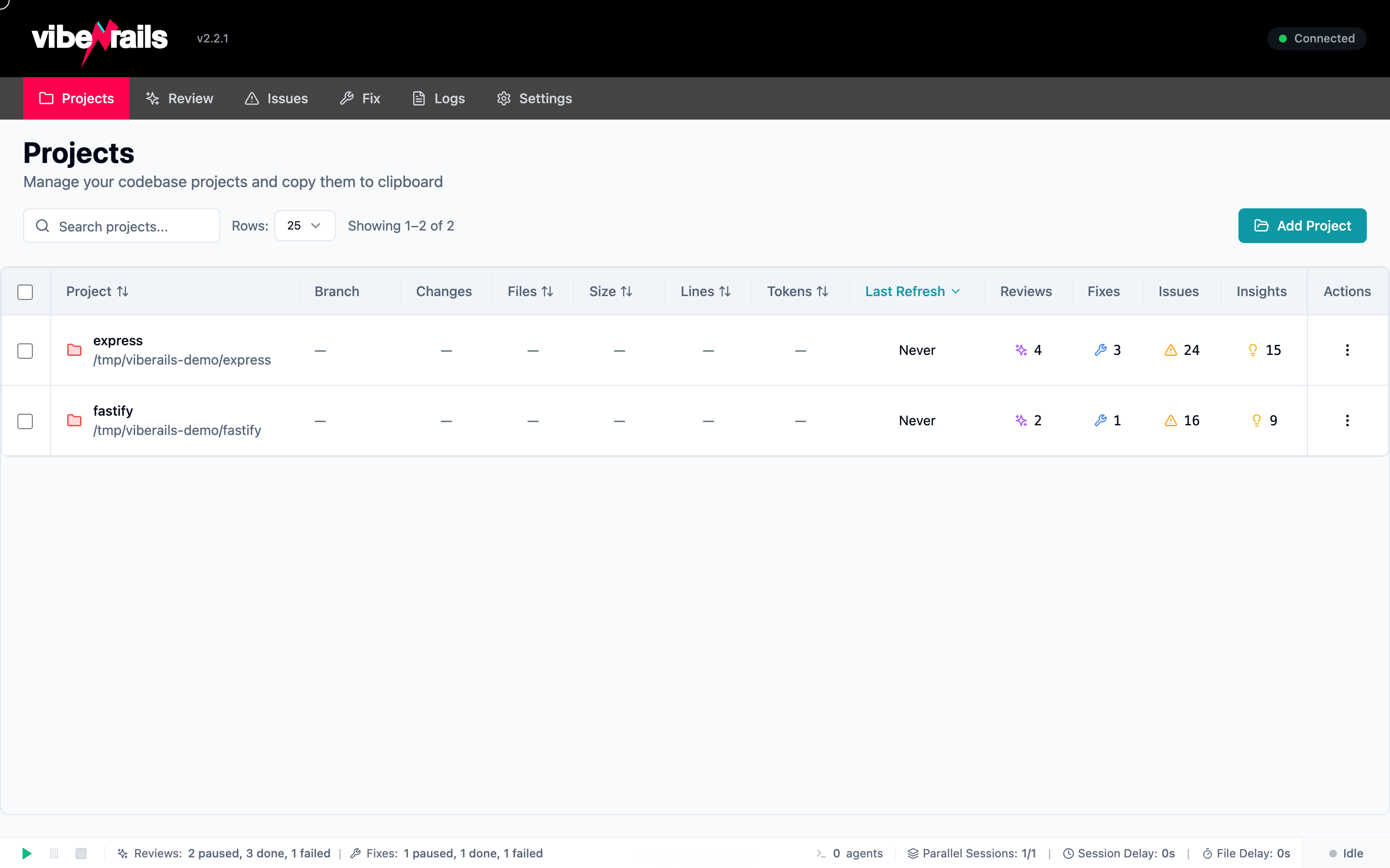 Projects table showing registered codebases with file counts and status